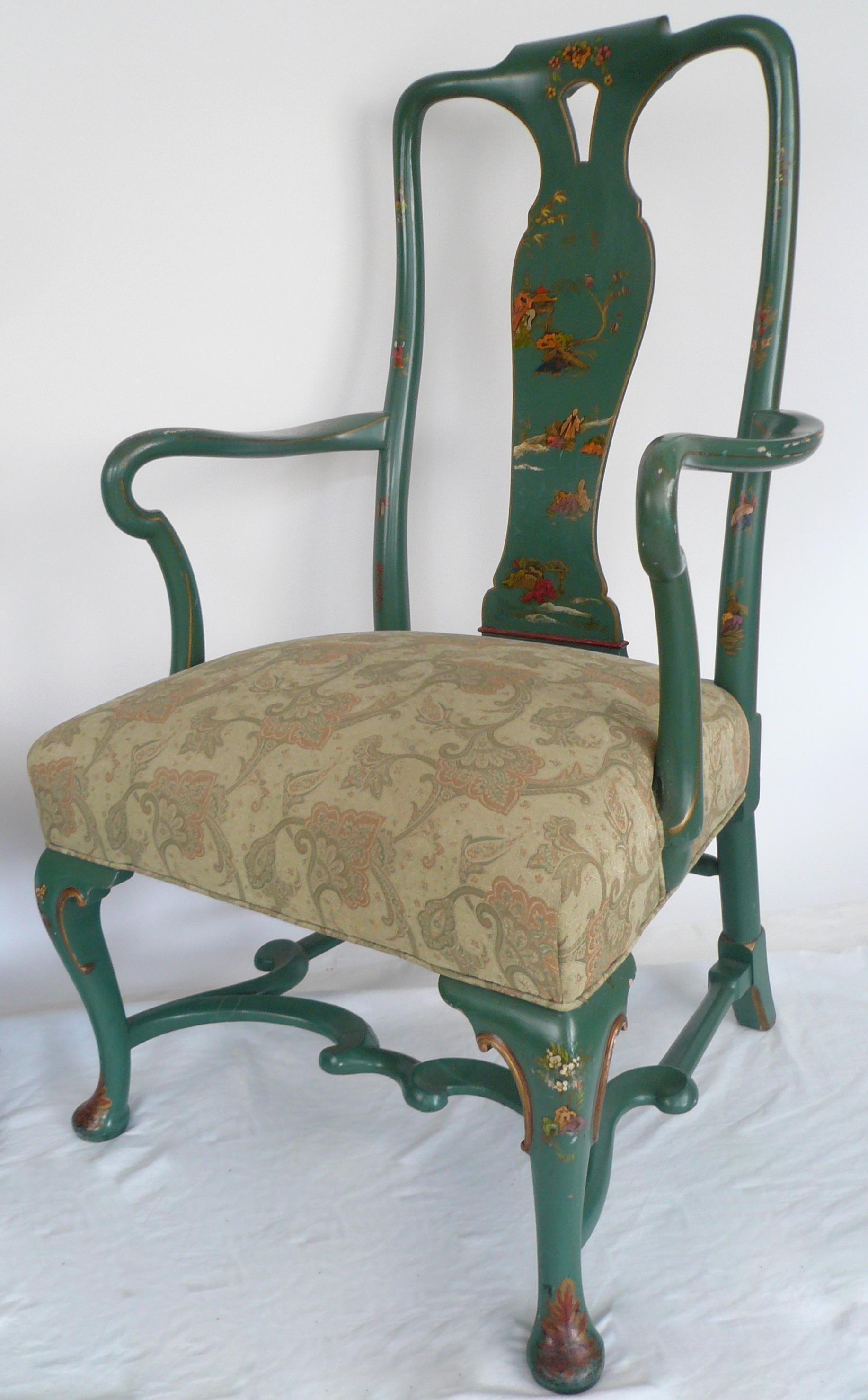 Pair Chinoiserie Painted Queen Anne Style Open Armchairs In Good Condition In Pittsburgh, PA