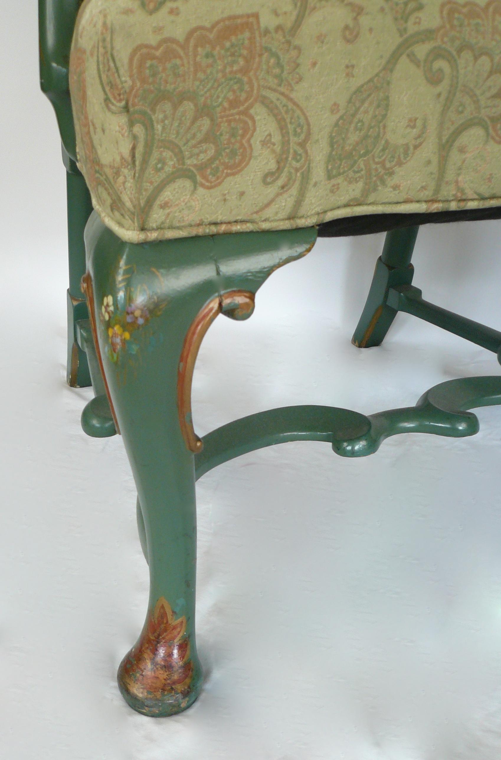 Hardwood Pair Chinoiserie Painted Queen Anne Style Open Armchairs