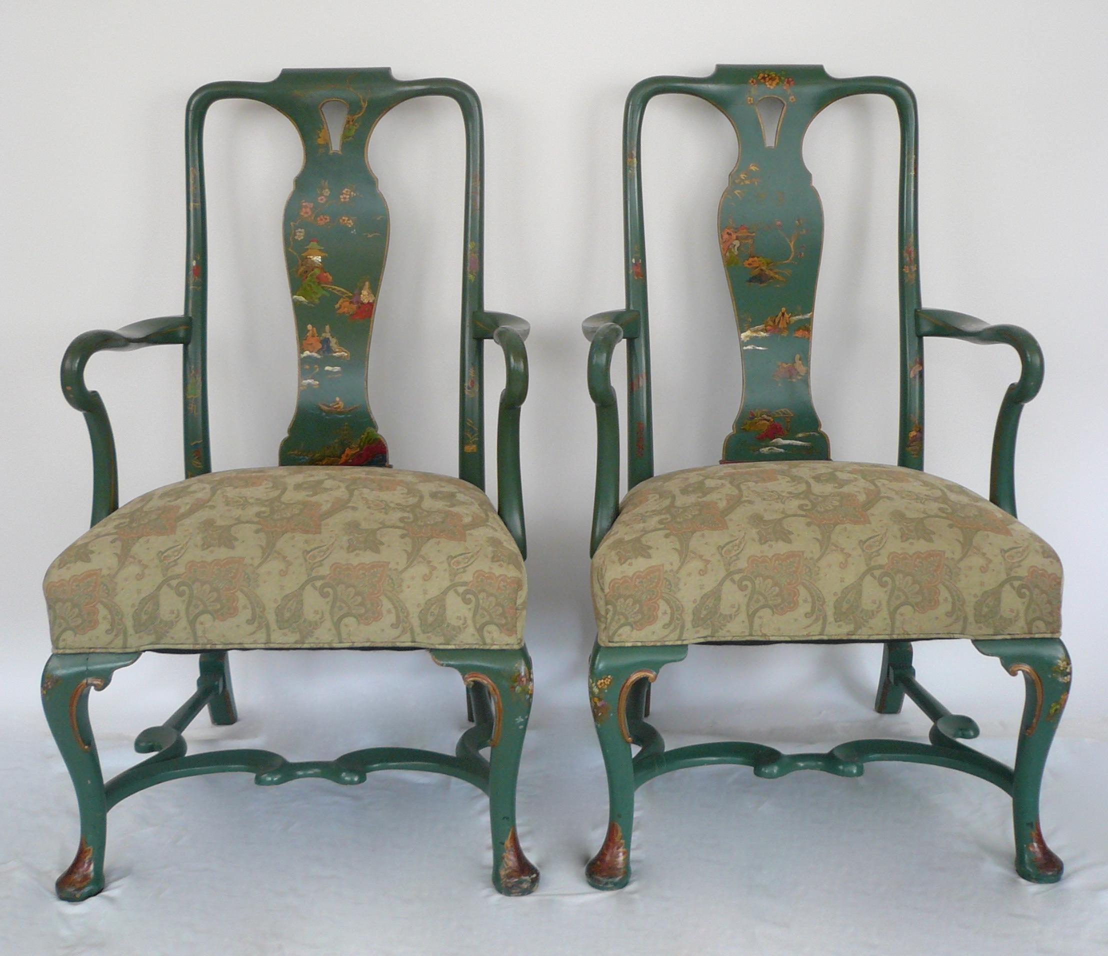 Pair Chinoiserie Painted Queen Anne Style Open Armchairs 2