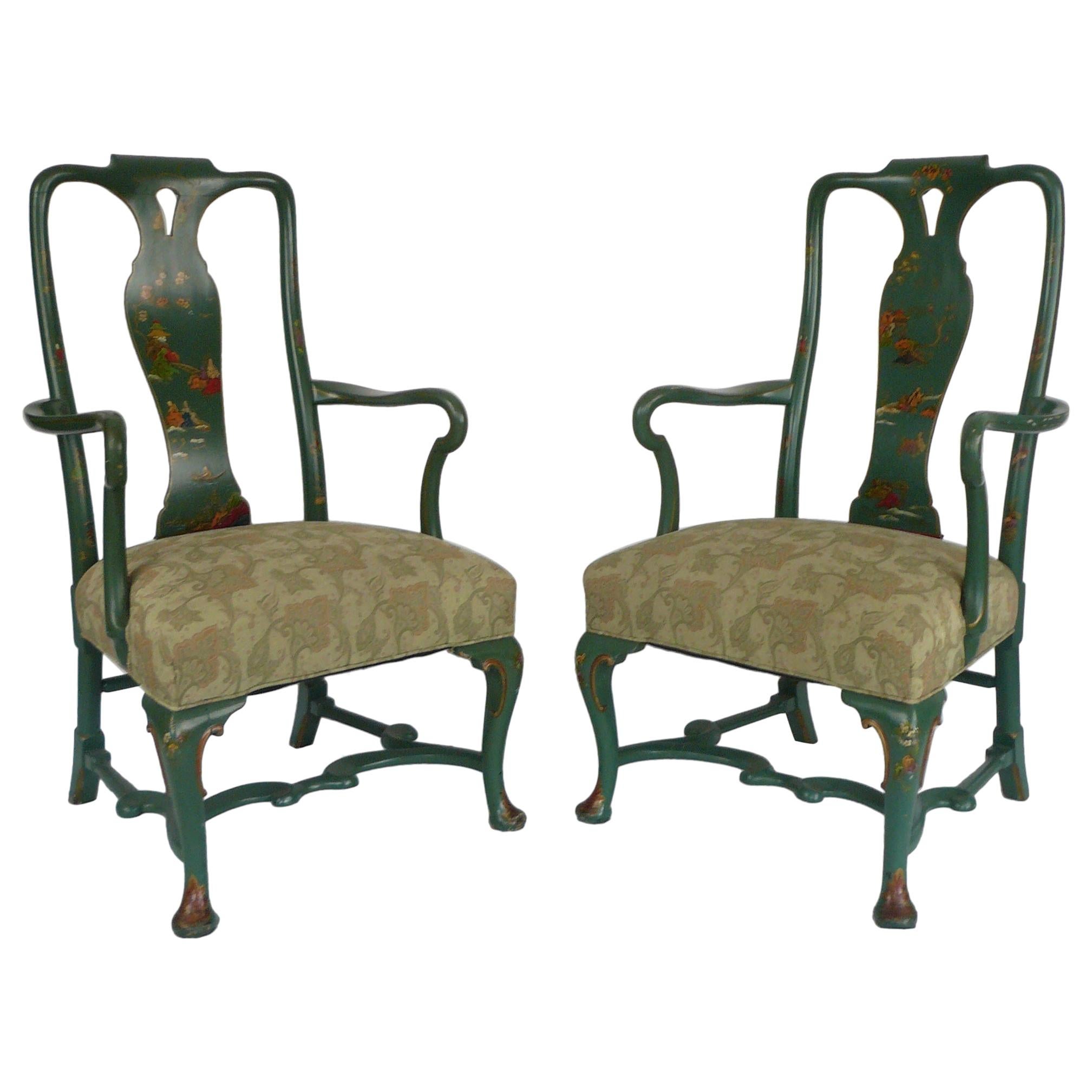 Pair Chinoiserie Painted Queen Anne Style Open Armchairs