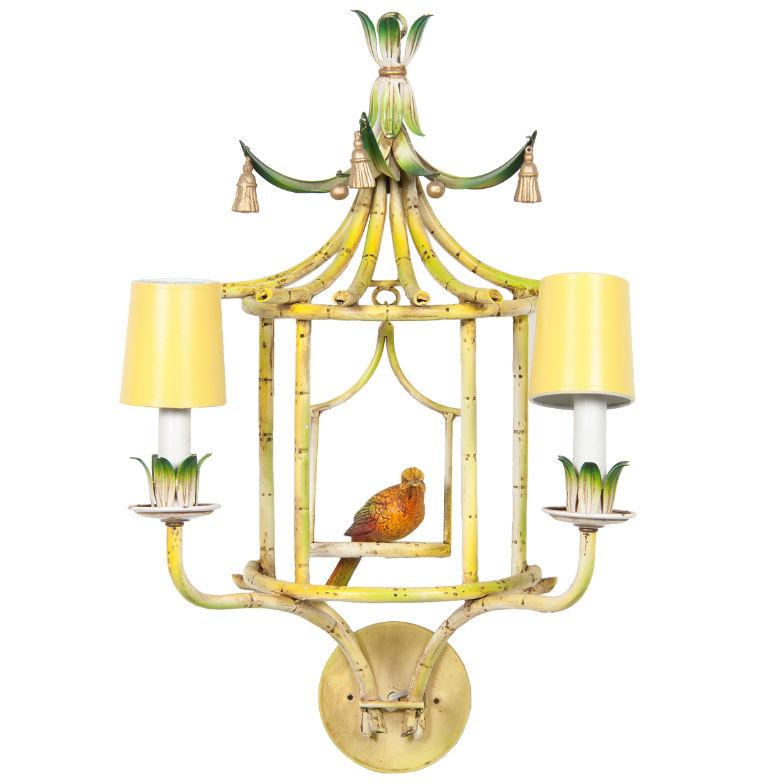 French Four Chinoiserie Painted Tole and Metal Sconces with Birds