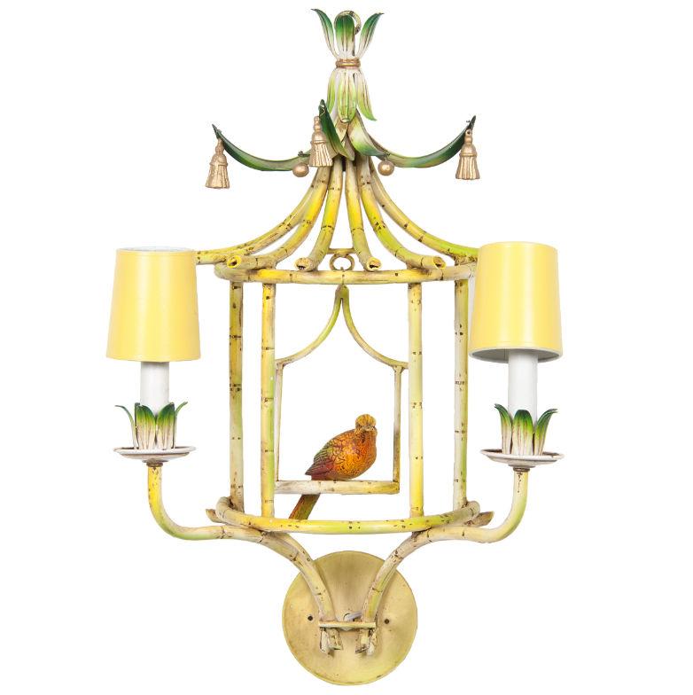 French Four Chinoiserie Painted Tole and Metal Sconces with Birds