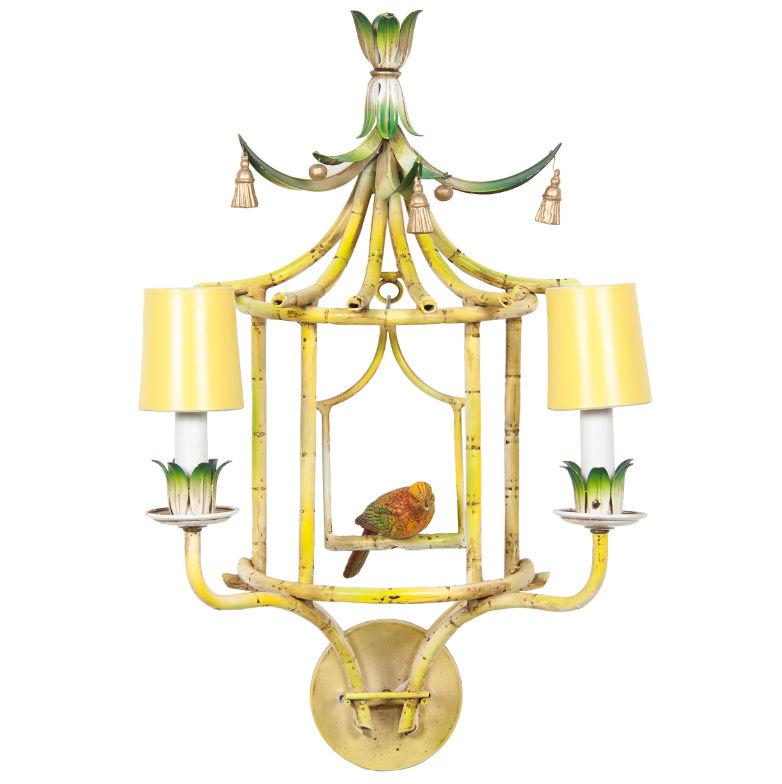 Four Chinoiserie Painted Tole and Metal Sconces with Birds In Good Condition In New York, NY