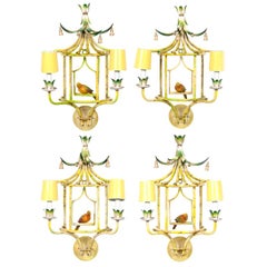 Four Chinoiserie Painted Tole and Metal Sconces with Birds