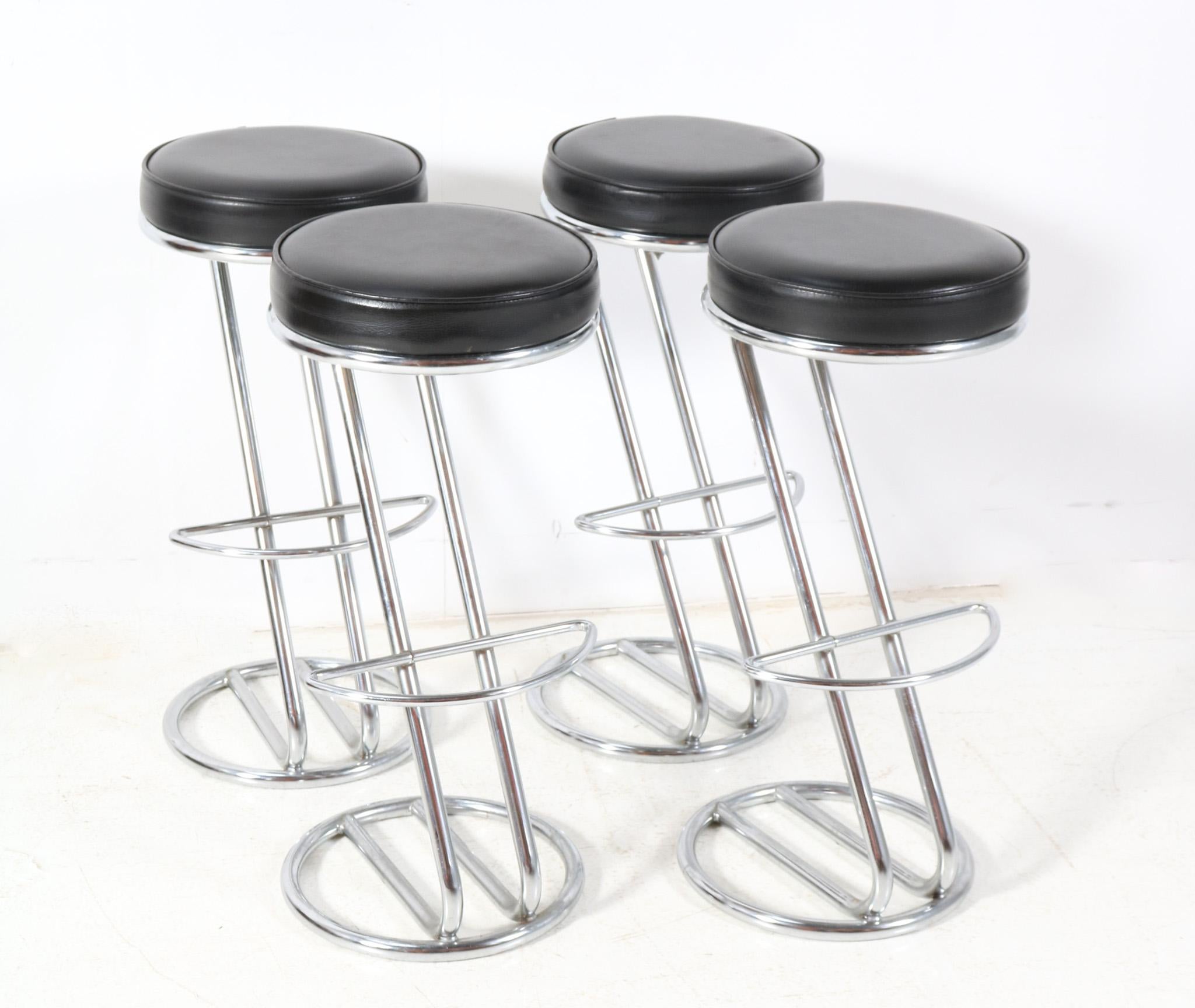 Dutch Four Chrome and Faux Leather Mid-Century Modern Barstools, 1970s For Sale