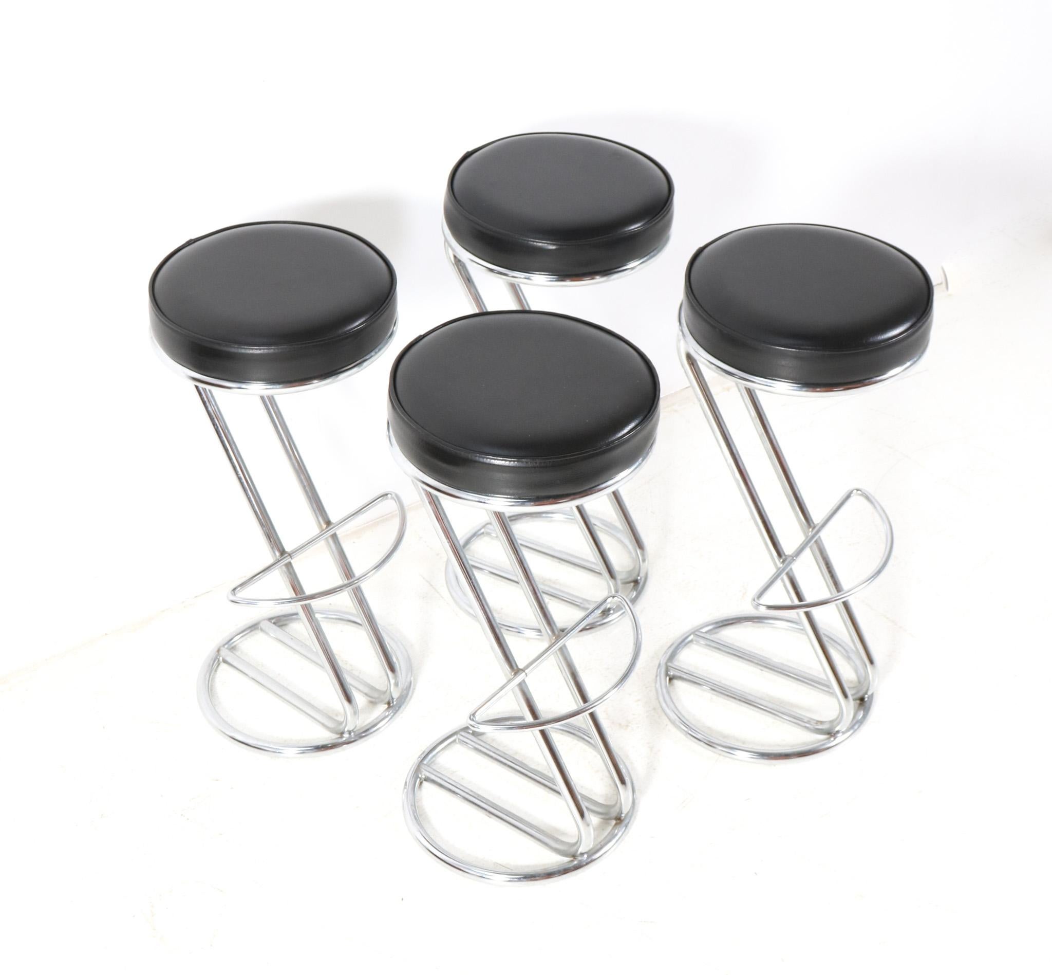 Four Chrome and Faux Leather Mid-Century Modern Barstools, 1970s In Good Condition For Sale In Amsterdam, NL