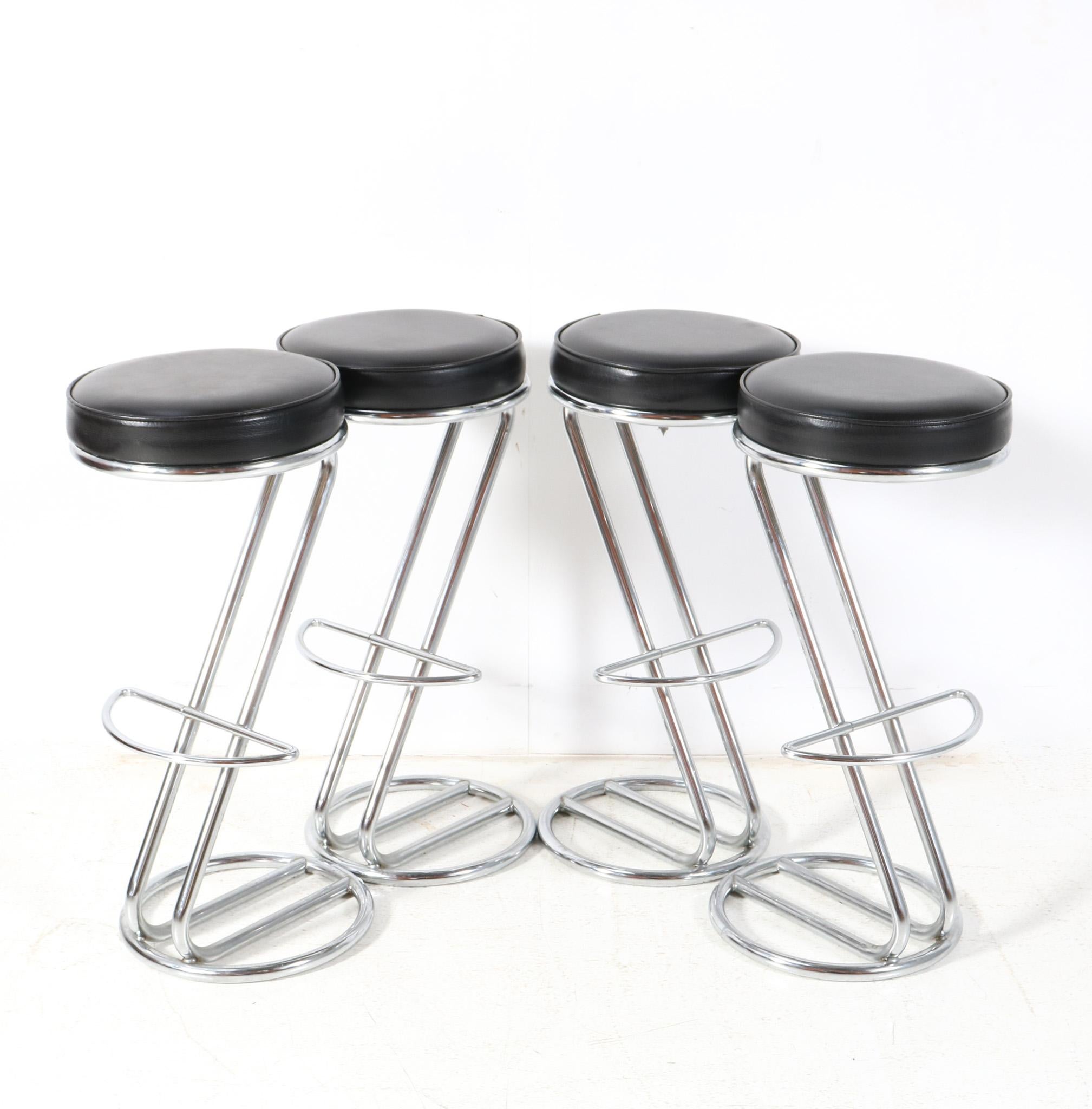 Late 20th Century Four Chrome and Faux Leather Mid-Century Modern Barstools, 1970s For Sale