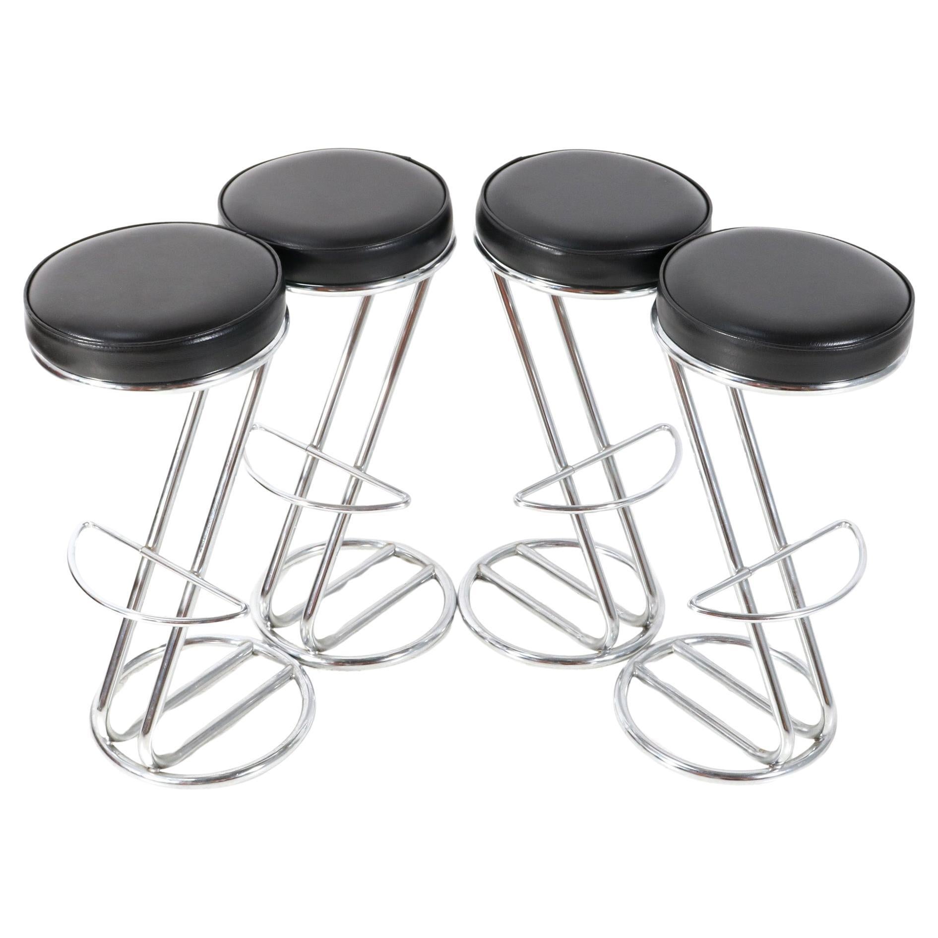Four Chrome and Faux Leather Mid-Century Modern Barstools, 1970s