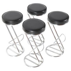 Retro Four Chrome and Faux Leather Mid-Century Modern Barstools, 1970s