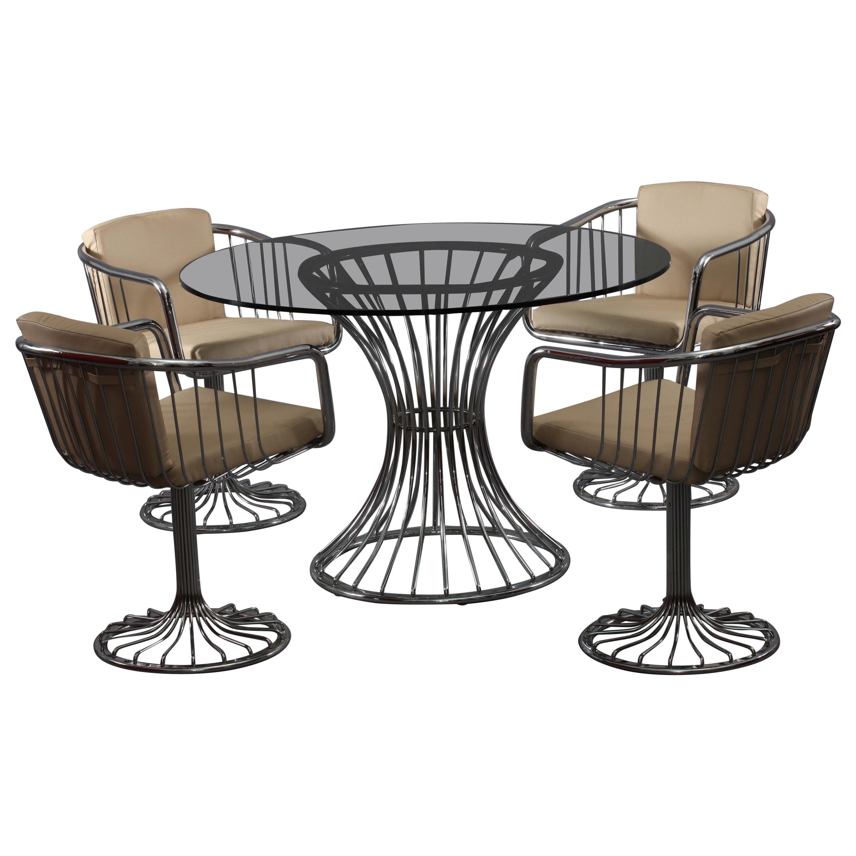 Four Chrome Armchairs and Table with Smoke Glassplate Rinaldi Gastone Italy 1970