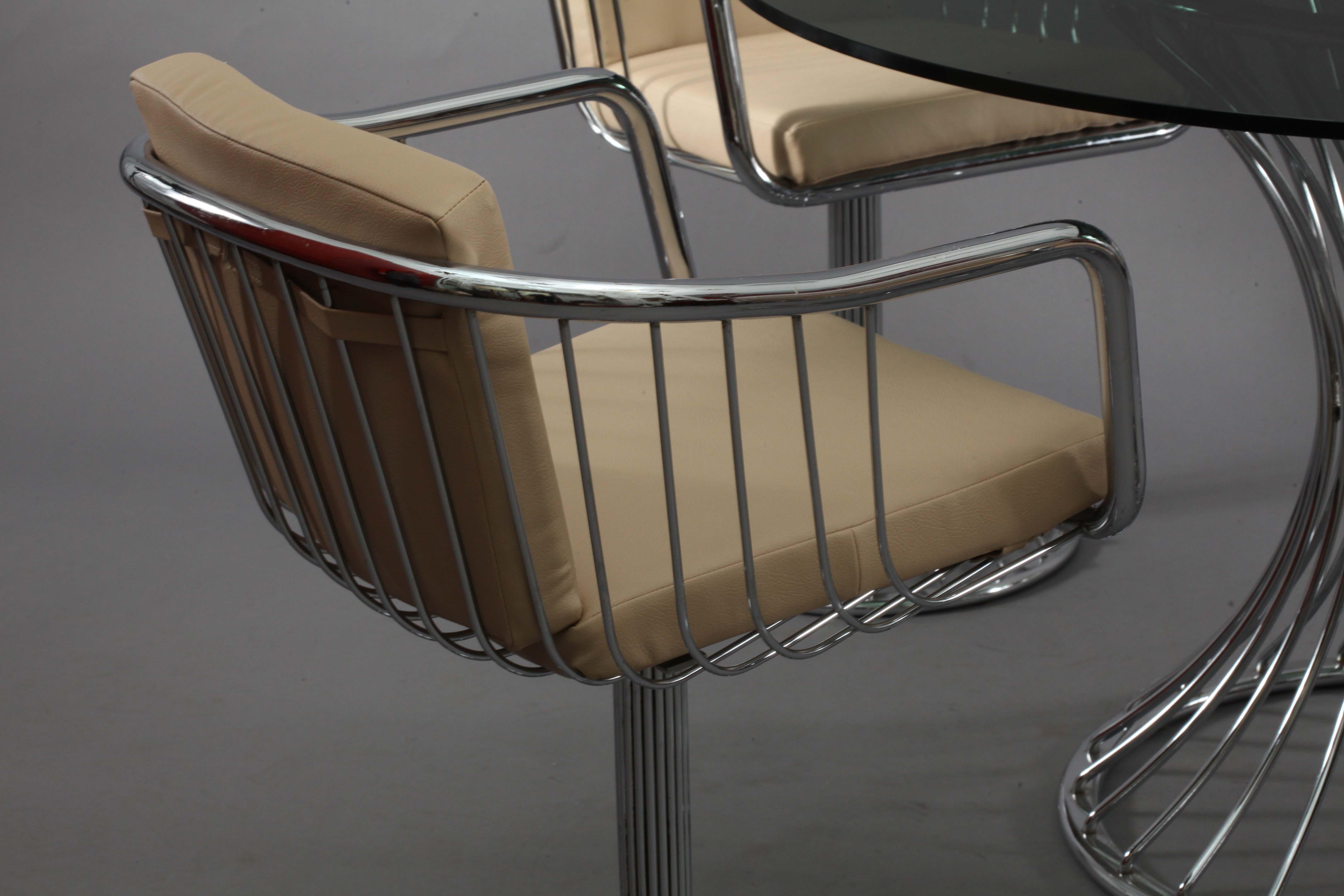 Mid-Century Modern Four Chrome Armchairs and Table with Smoke Glassplate Rinaldi Gastone Italy 1970