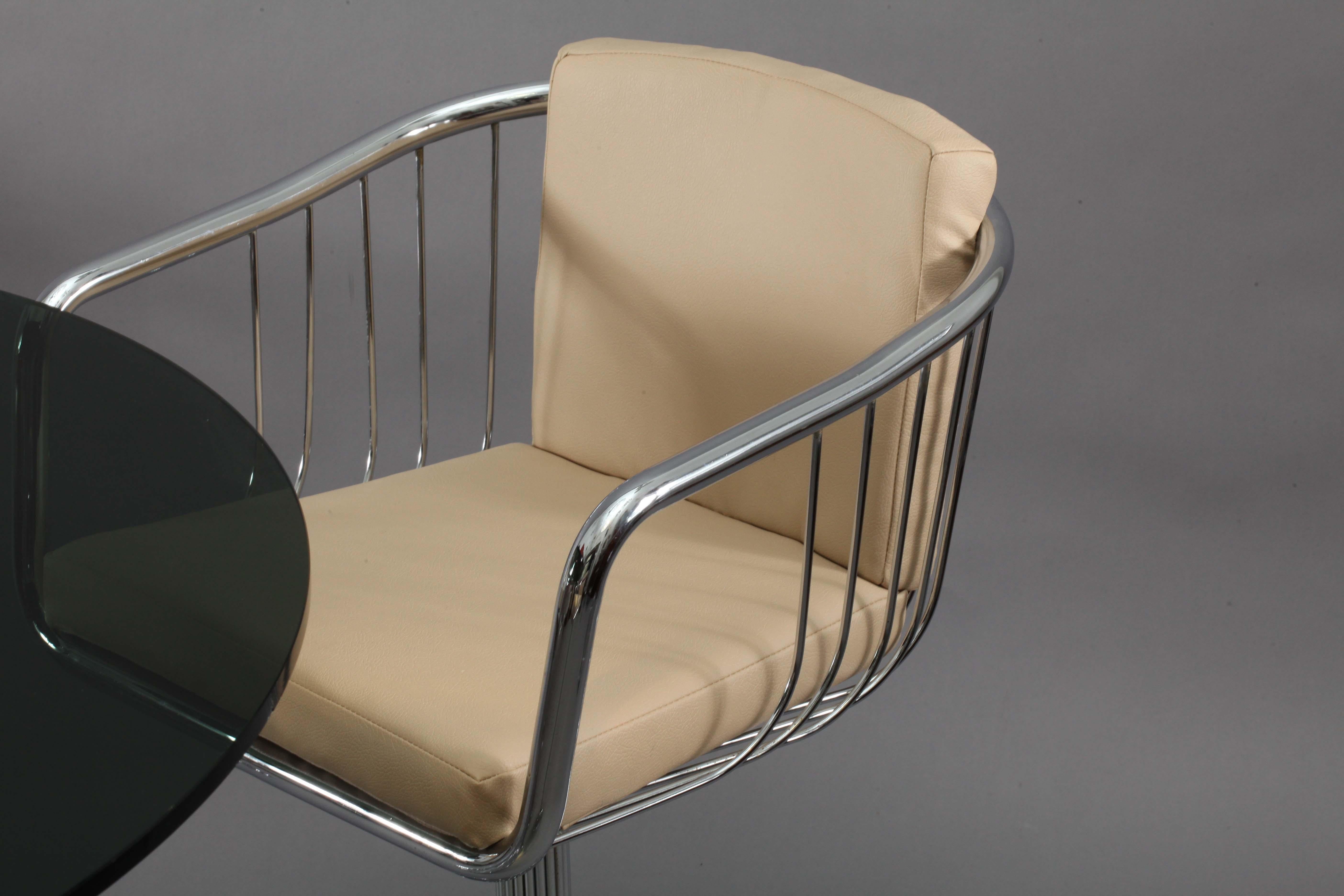 Italian Four Chrome Armchairs and Table with Smoke Glassplate Rinaldi Gastone Italy 1970