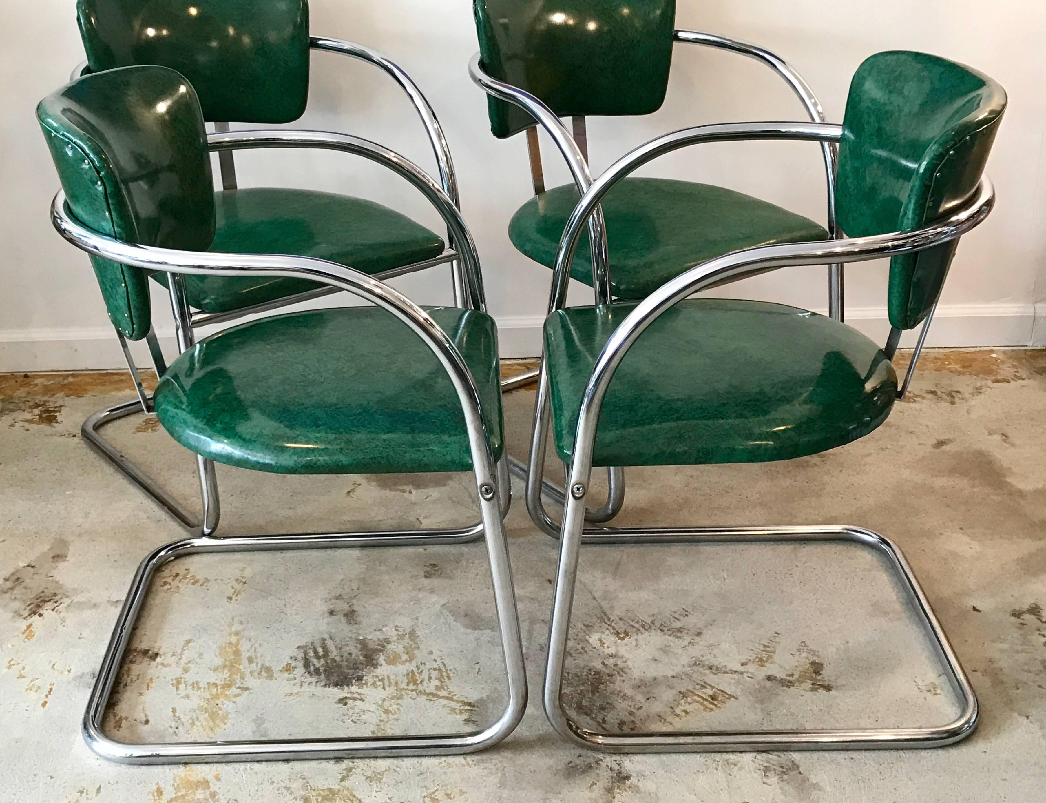 20th Century Four Chrome Streamline Modern Dining Chairs in the Style of KEM Weber, 1930's