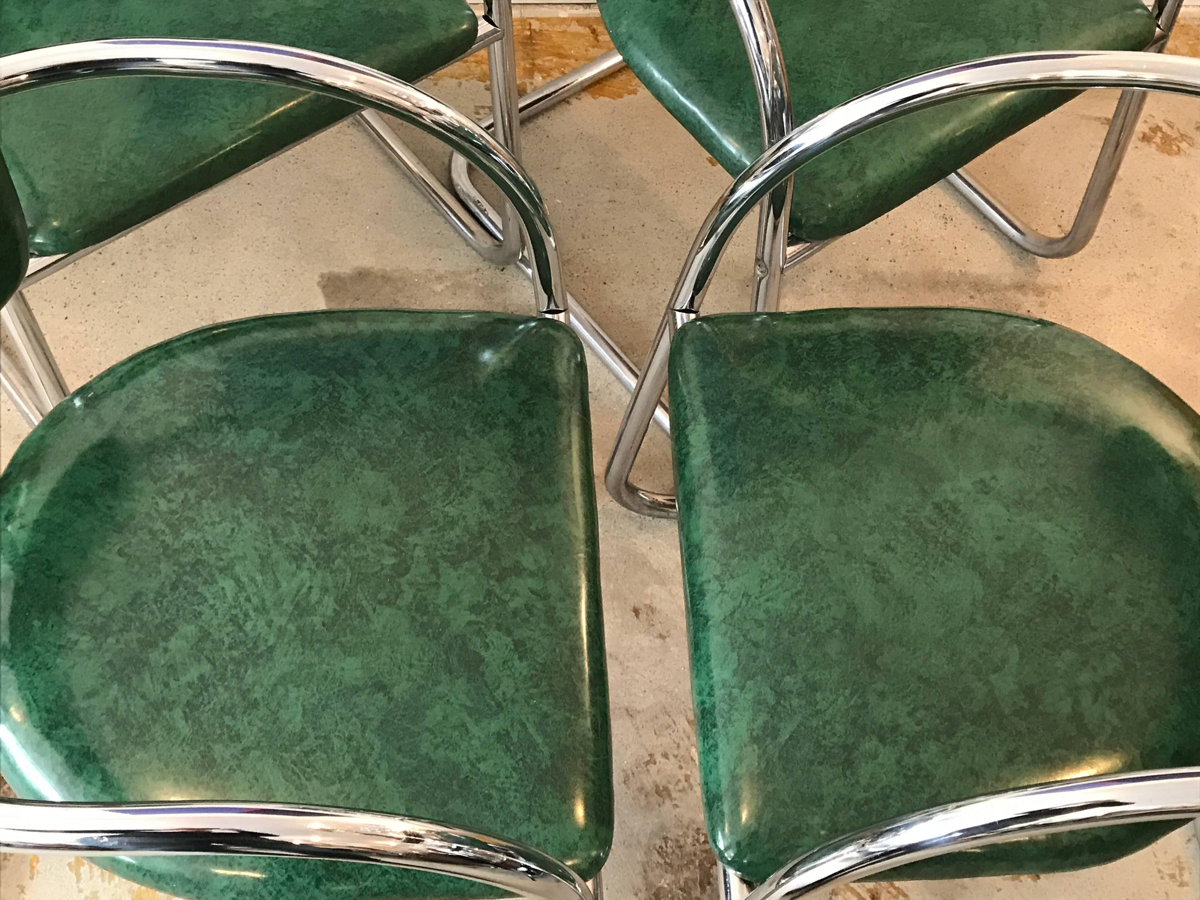 Faux Leather Four Chrome Streamline Modern Dining Chairs in the Style of KEM Weber, 1930's