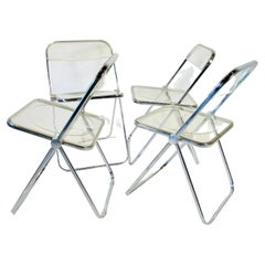 Four Chrome with Lucite Giancarlo Piretti for Castelli Plia Folding Chairs