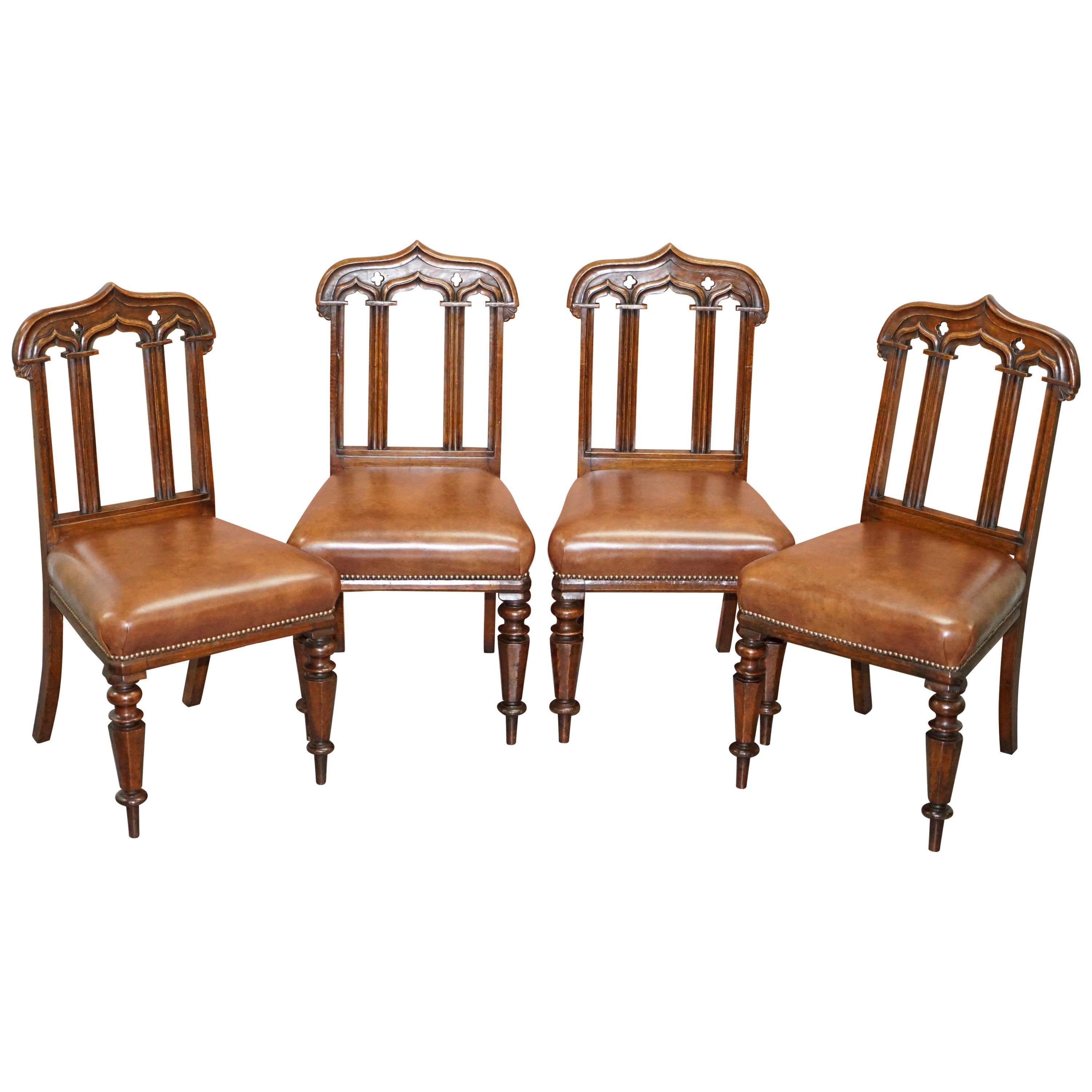 Four circa 1850 T H Filmer & Sons Antique Victorian Brown Leather Dining Chairs