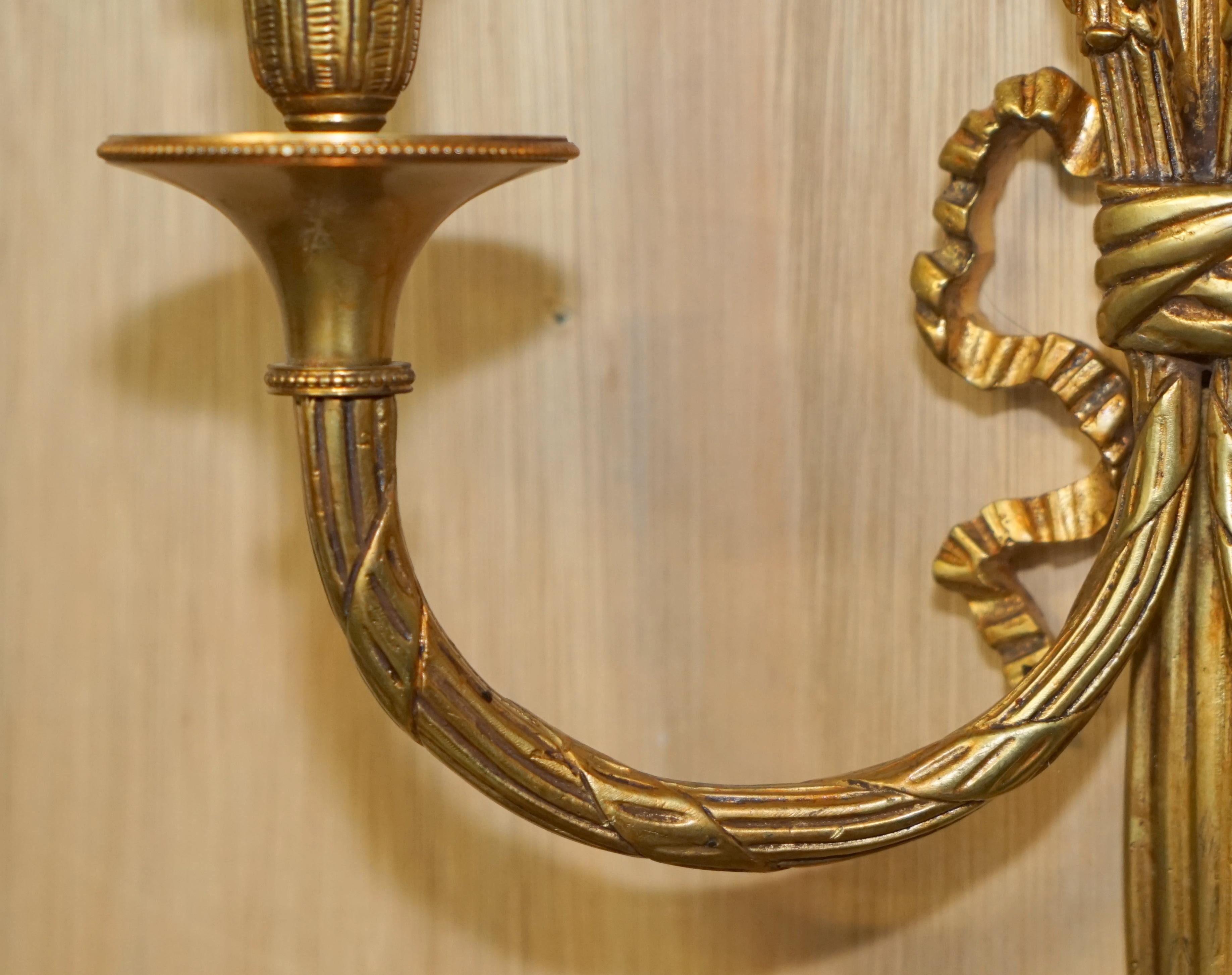 Four circa 1920s Gilt Bronze Ribbon & Wheat Twin Branch French Wall Sconces For Sale 5