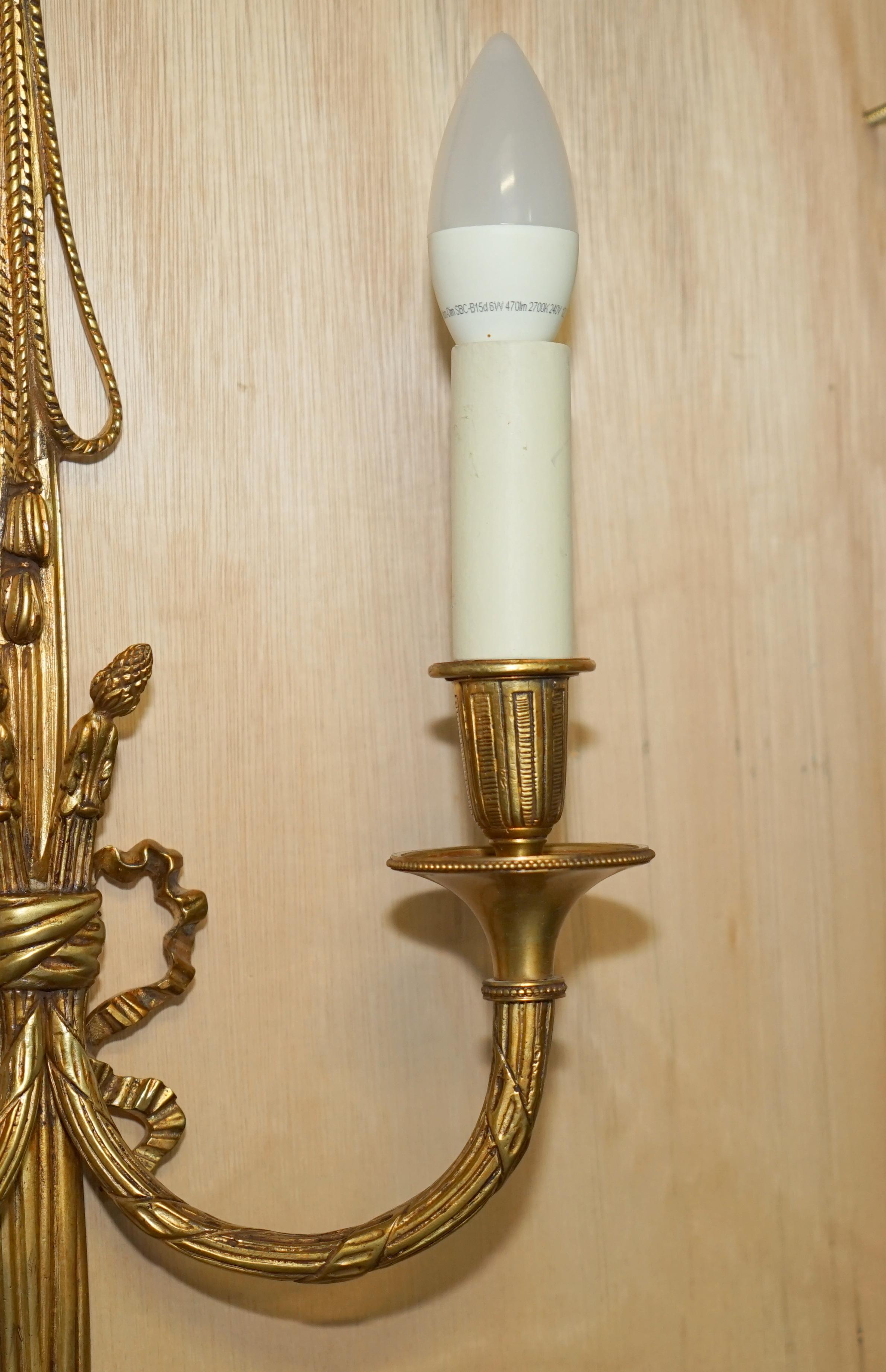Four circa 1920s Gilt Bronze Ribbon & Wheat Twin Branch French Wall Sconces For Sale 7