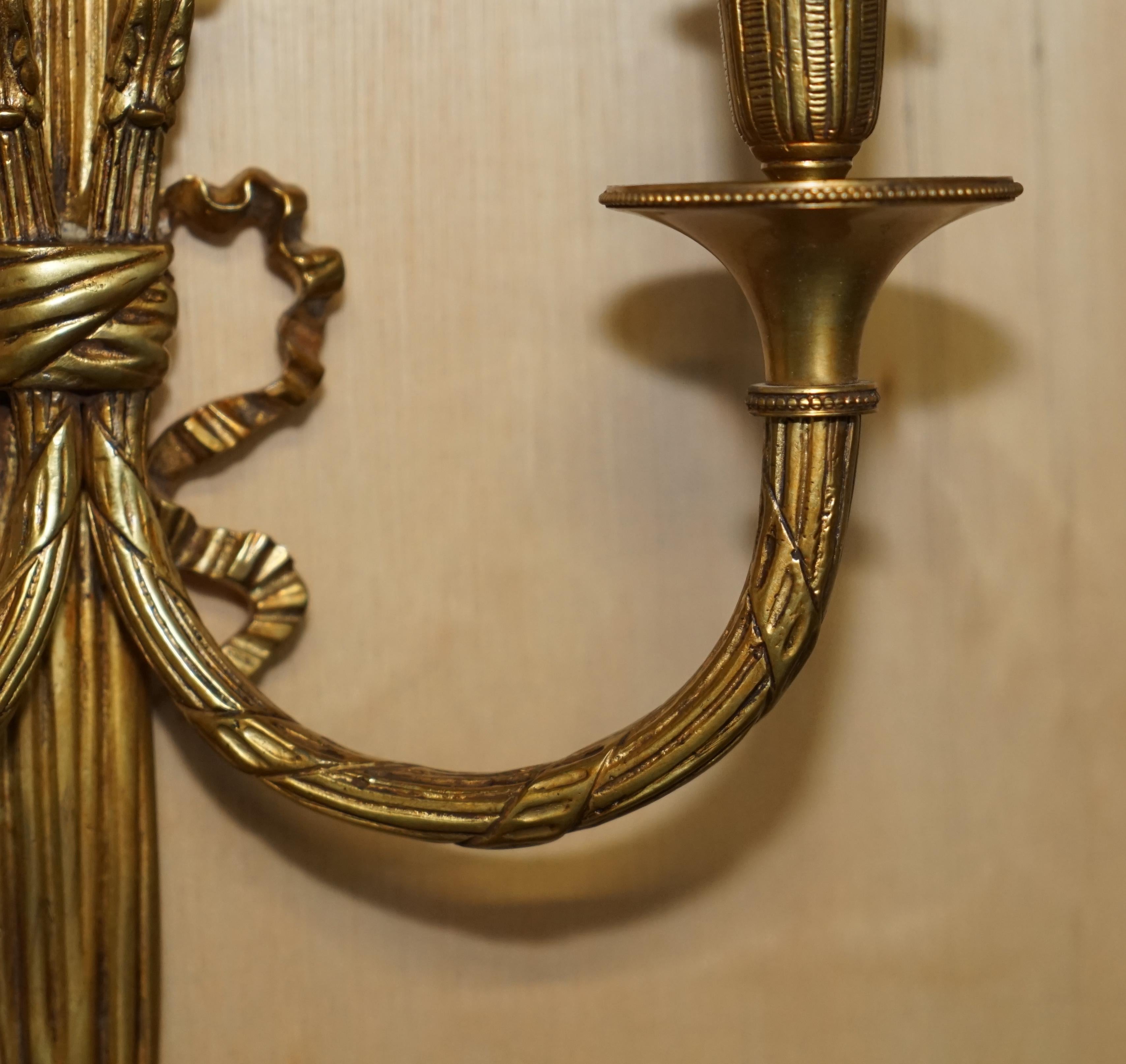 Four circa 1920s Gilt Bronze Ribbon & Wheat Twin Branch French Wall Sconces For Sale 9