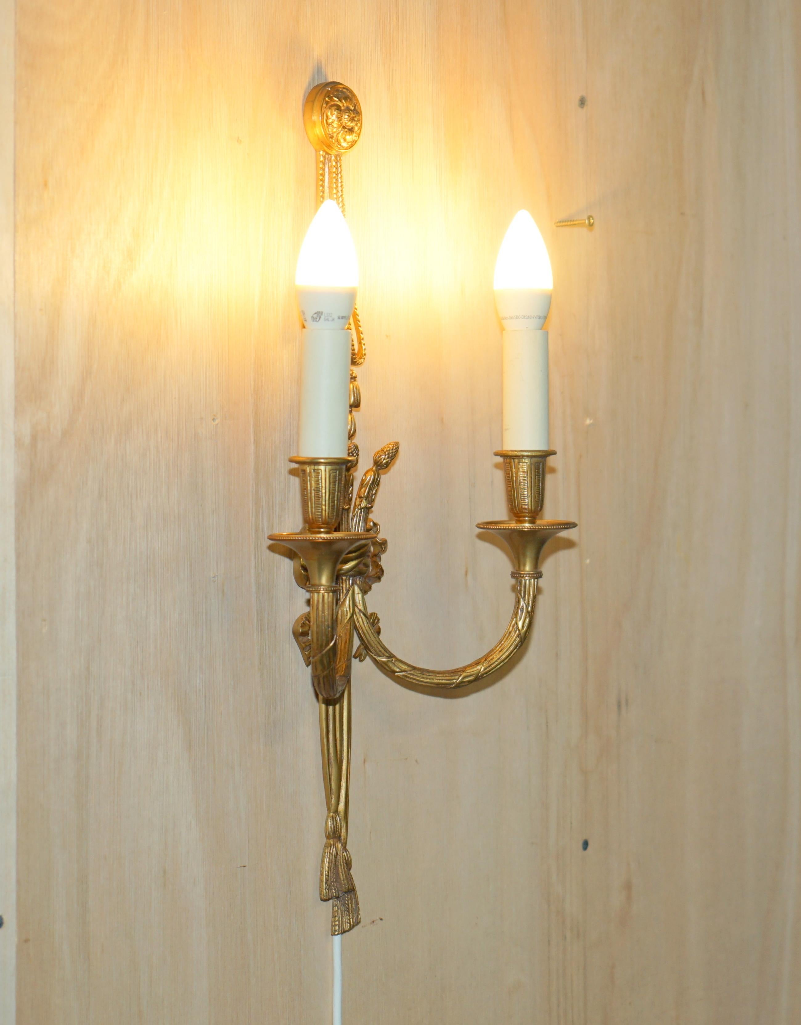 Four circa 1920s Gilt Bronze Ribbon & Wheat Twin Branch French Wall Sconces For Sale 11