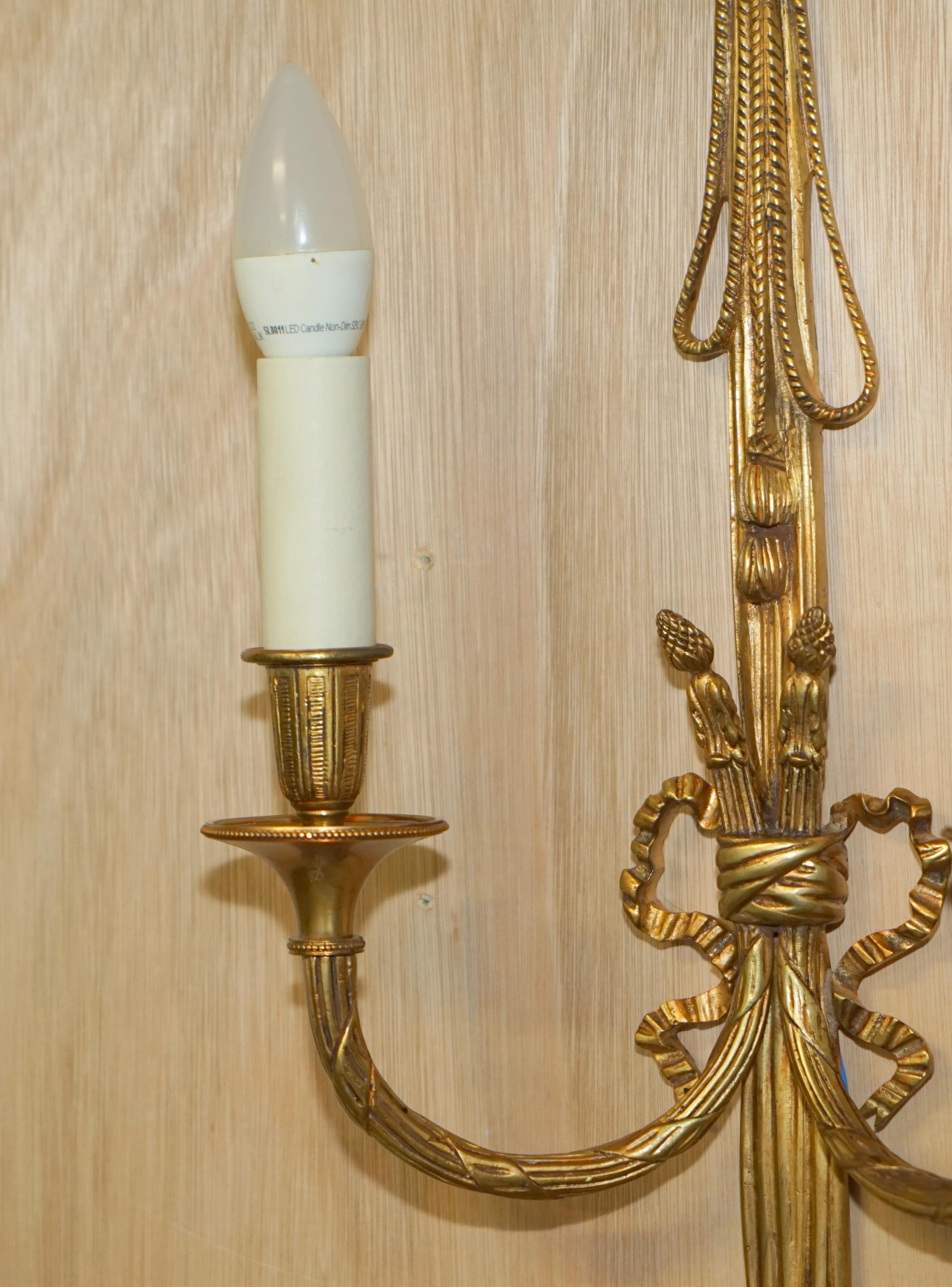 Four circa 1920s Gilt Bronze Ribbon & Wheat Twin Branch French Wall Sconces For Sale 3
