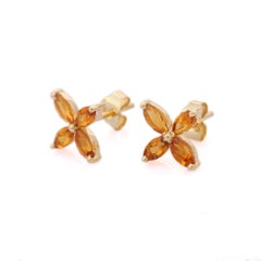 Four Citrine Gemstone Flower Stud Earrings Made in 14k Solid Yellow Gold