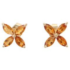 Four Citrine Gemstone Flower Stud Earrings Made in 14k Solid Yellow Gold
