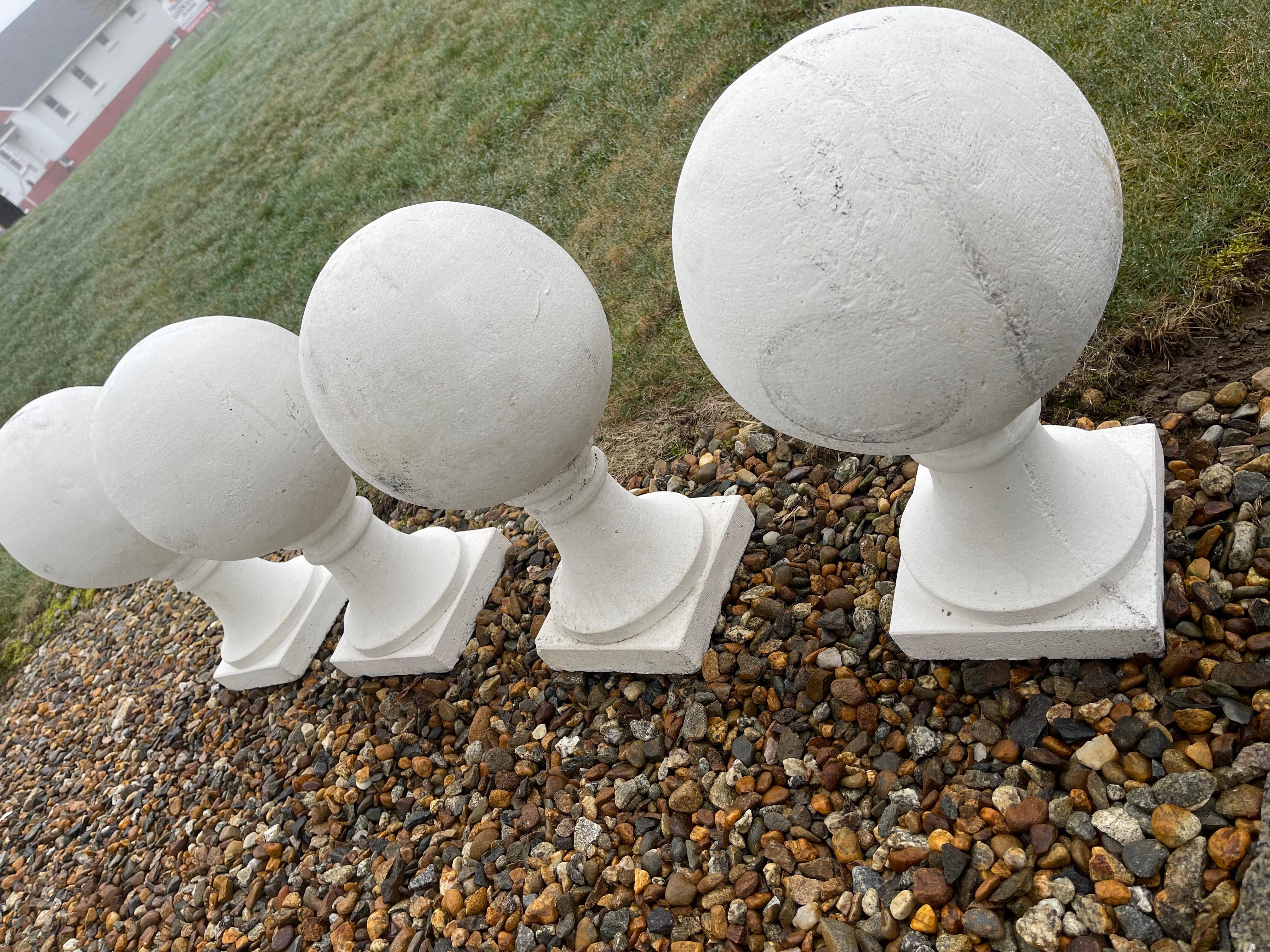 American Four Classic White Cement Ball Finials on Square Base from a North Shore Estate