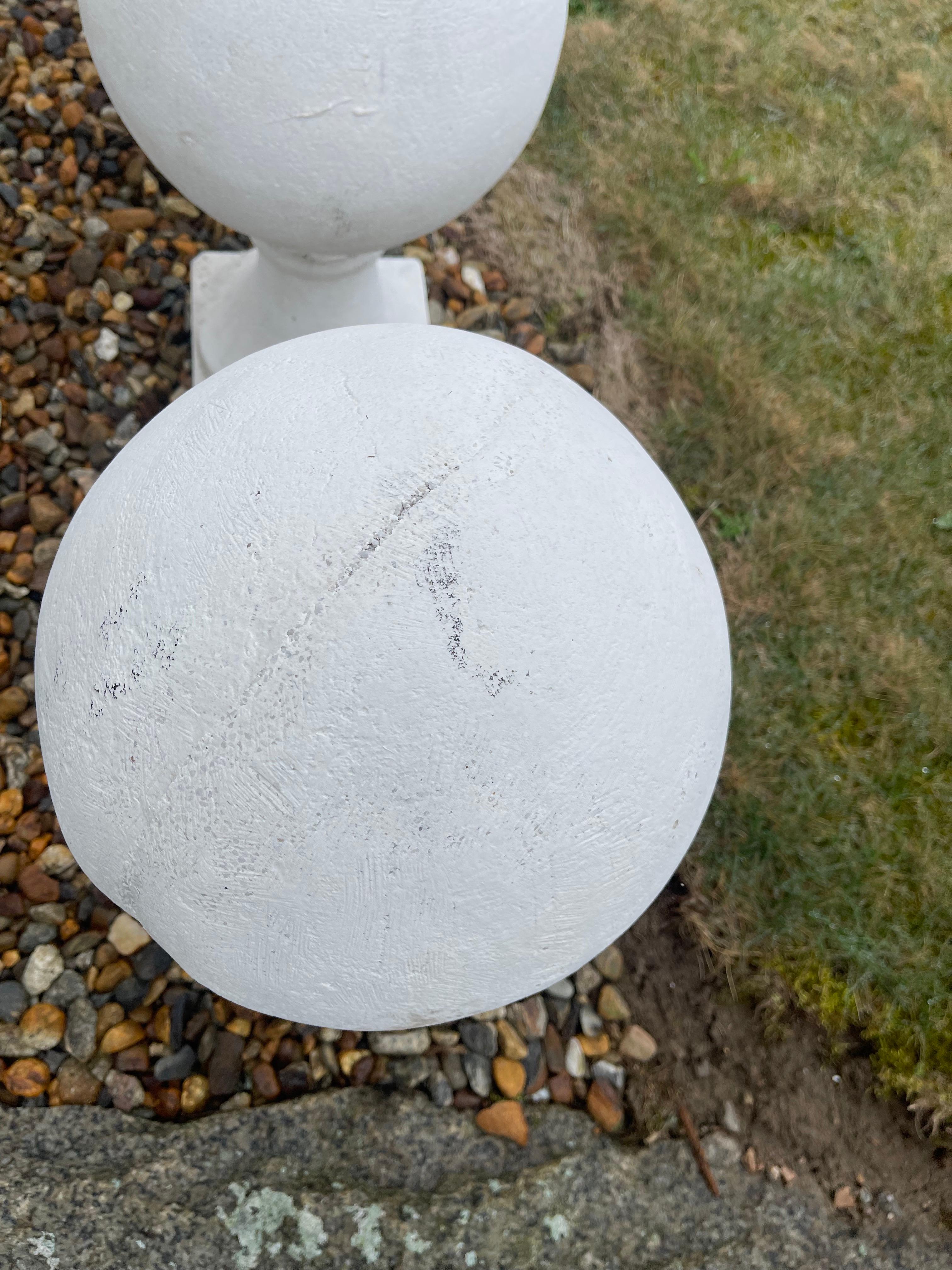 Four Classic White Cement Ball Finials on Square Base from a North Shore Estate In Good Condition In Essex, MA