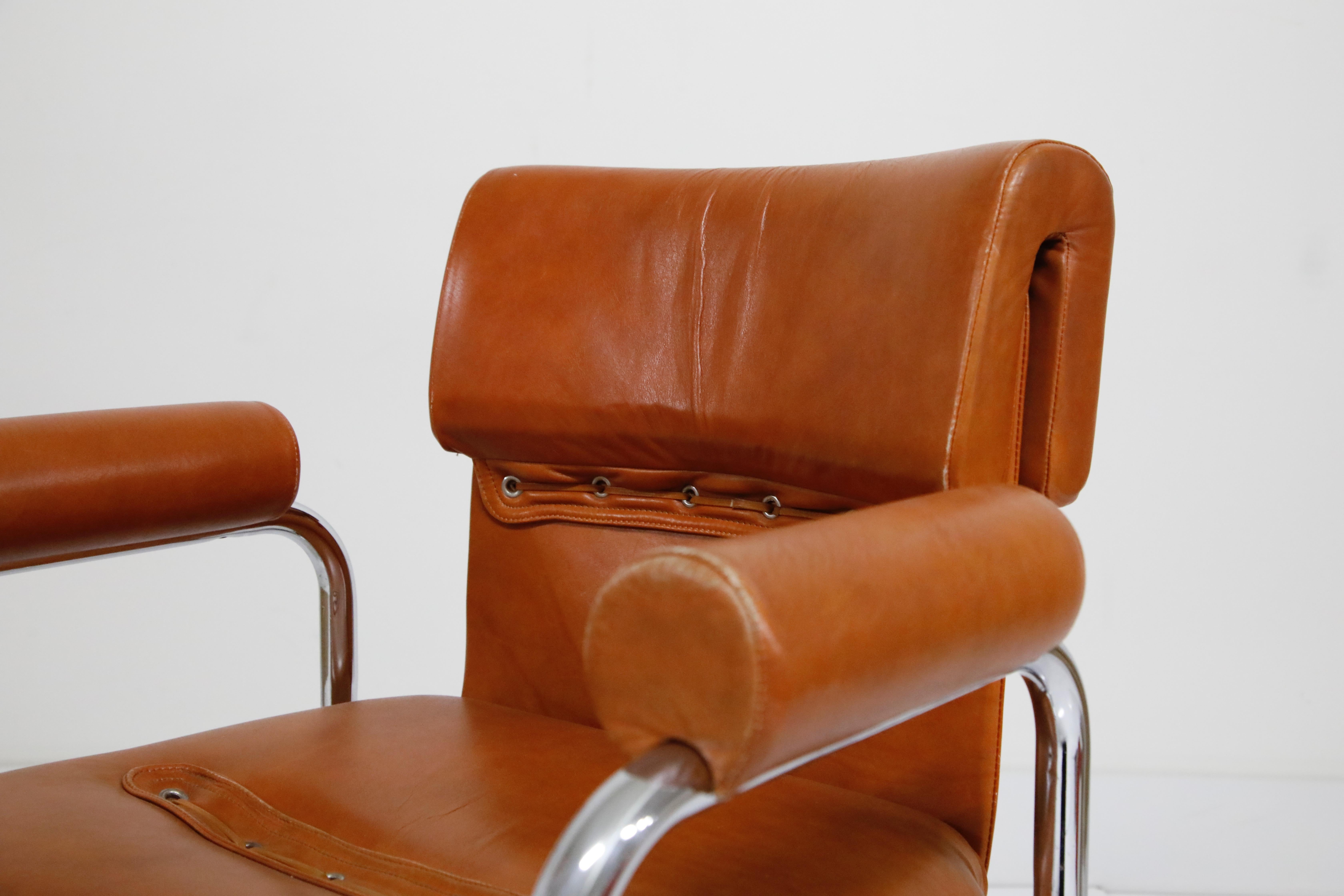 Four Cognac Leather Armchairs by Guido Faleschini for Mariani Pace, 1970s 4