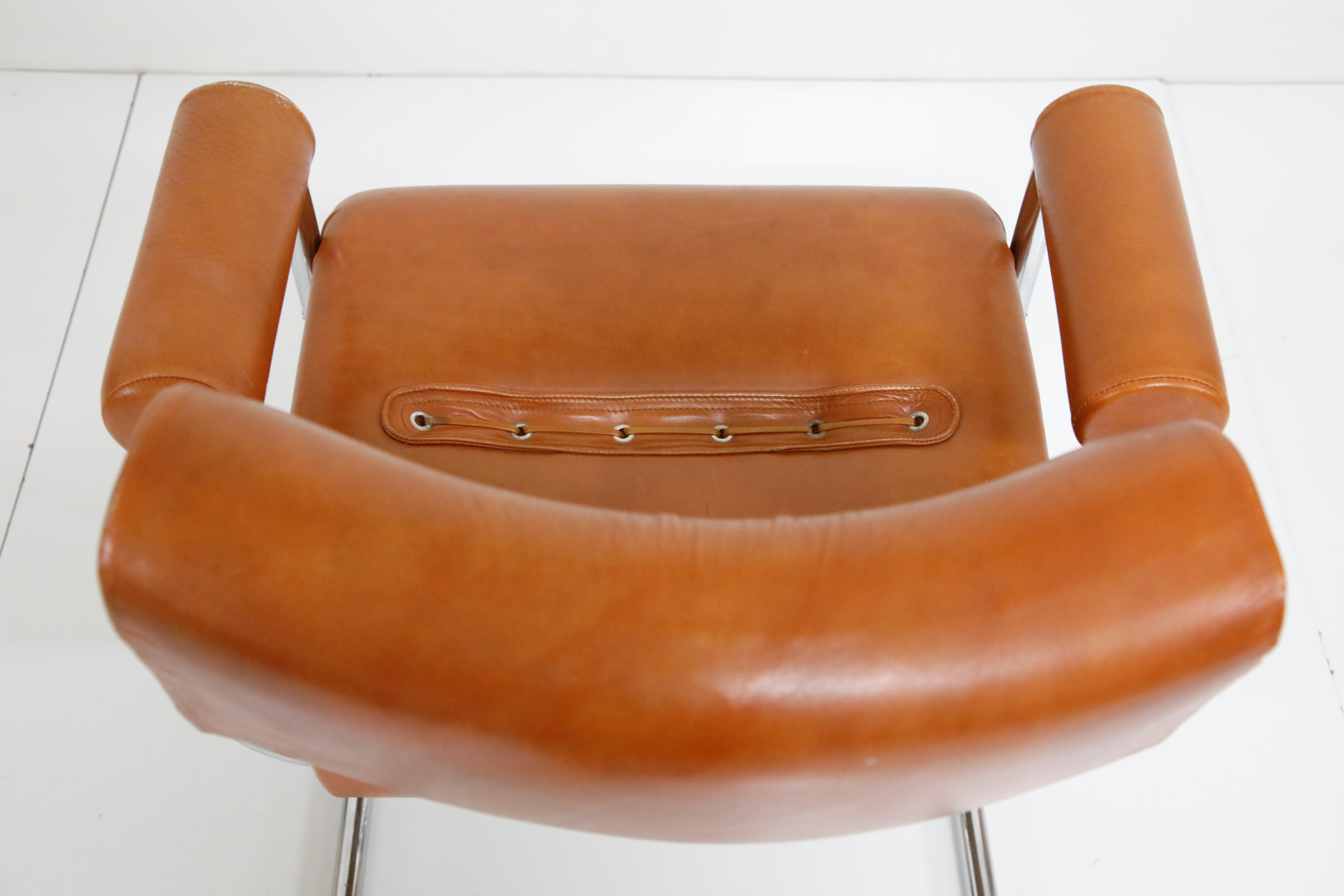 Four Cognac Leather Armchairs by Guido Faleschini for Mariani Pace, 1970s 12
