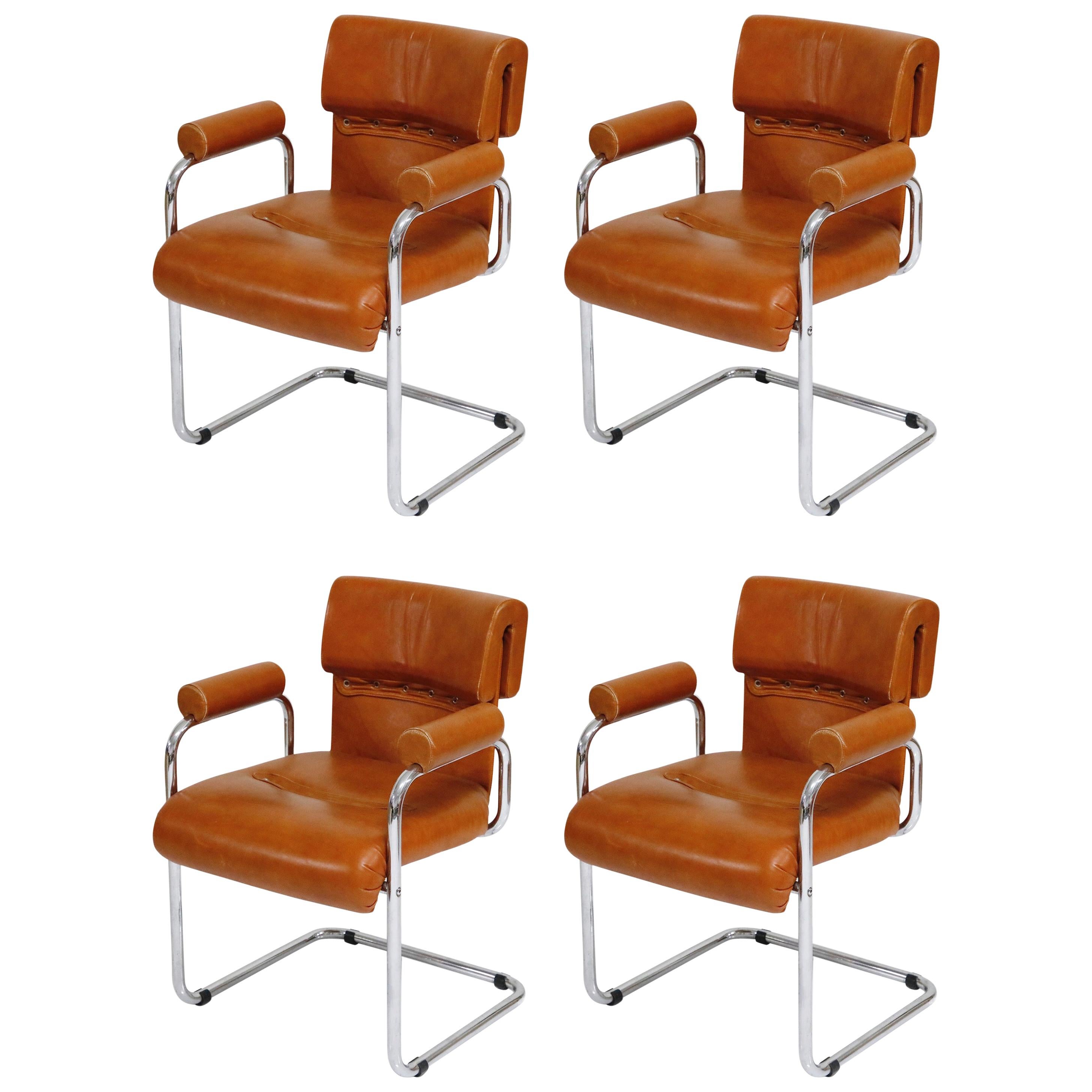 Four Cognac Leather Armchairs by Guido Faleschini for Mariani Pace, 1970s