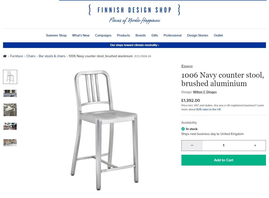 Royal House Antiques

Royal House Antiques is delighted to offer for sale this lovely suite of four vintage RRP £5,600 Emeco 111 Brushed Aluminum Navy Collection bar counter stools 

Please note the delivery fee listed is just a guide, it covers
