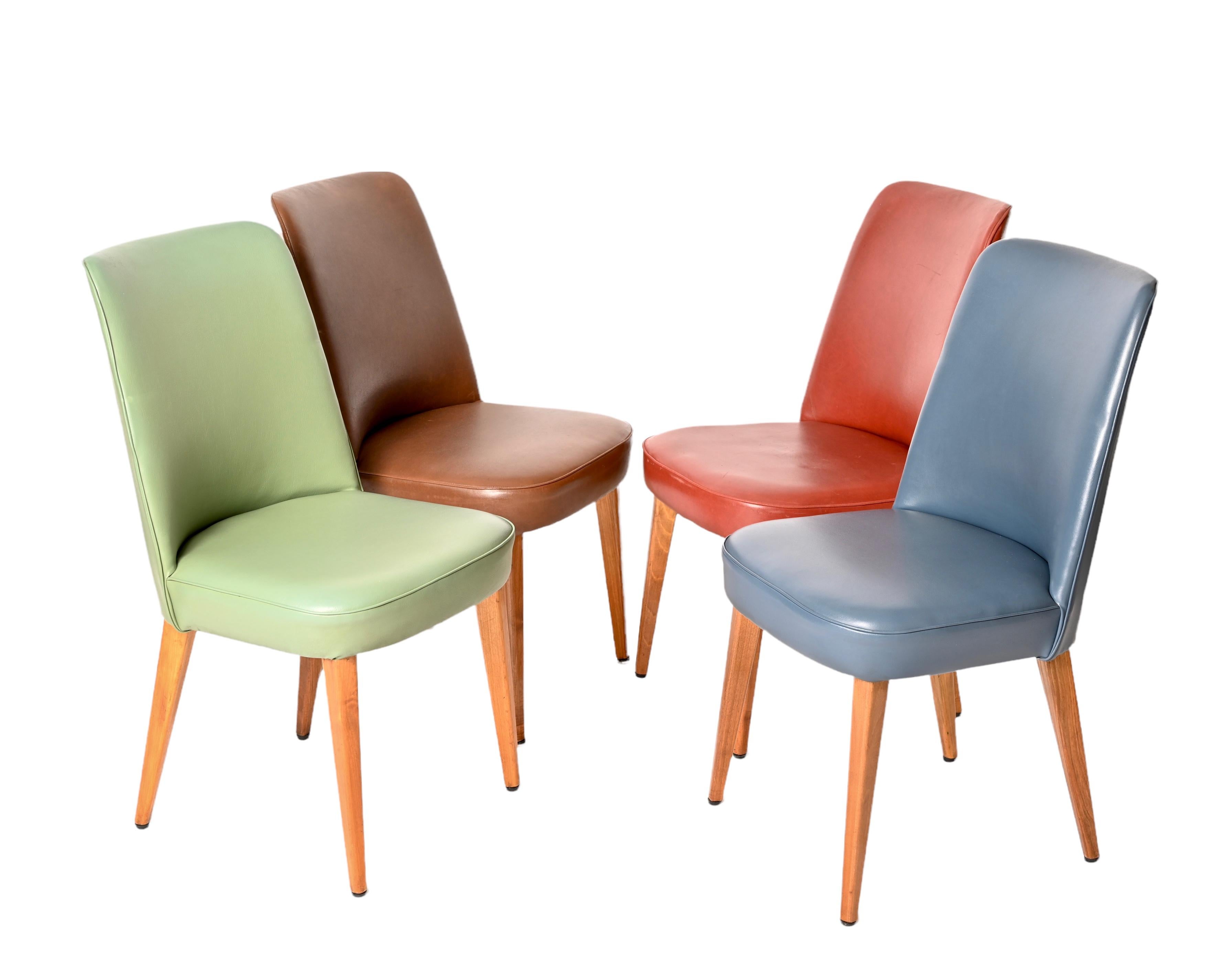 Mid-Century Modern Four Colored Leather Chairs from the 1950s by Anonima Castelli Italy For Sale