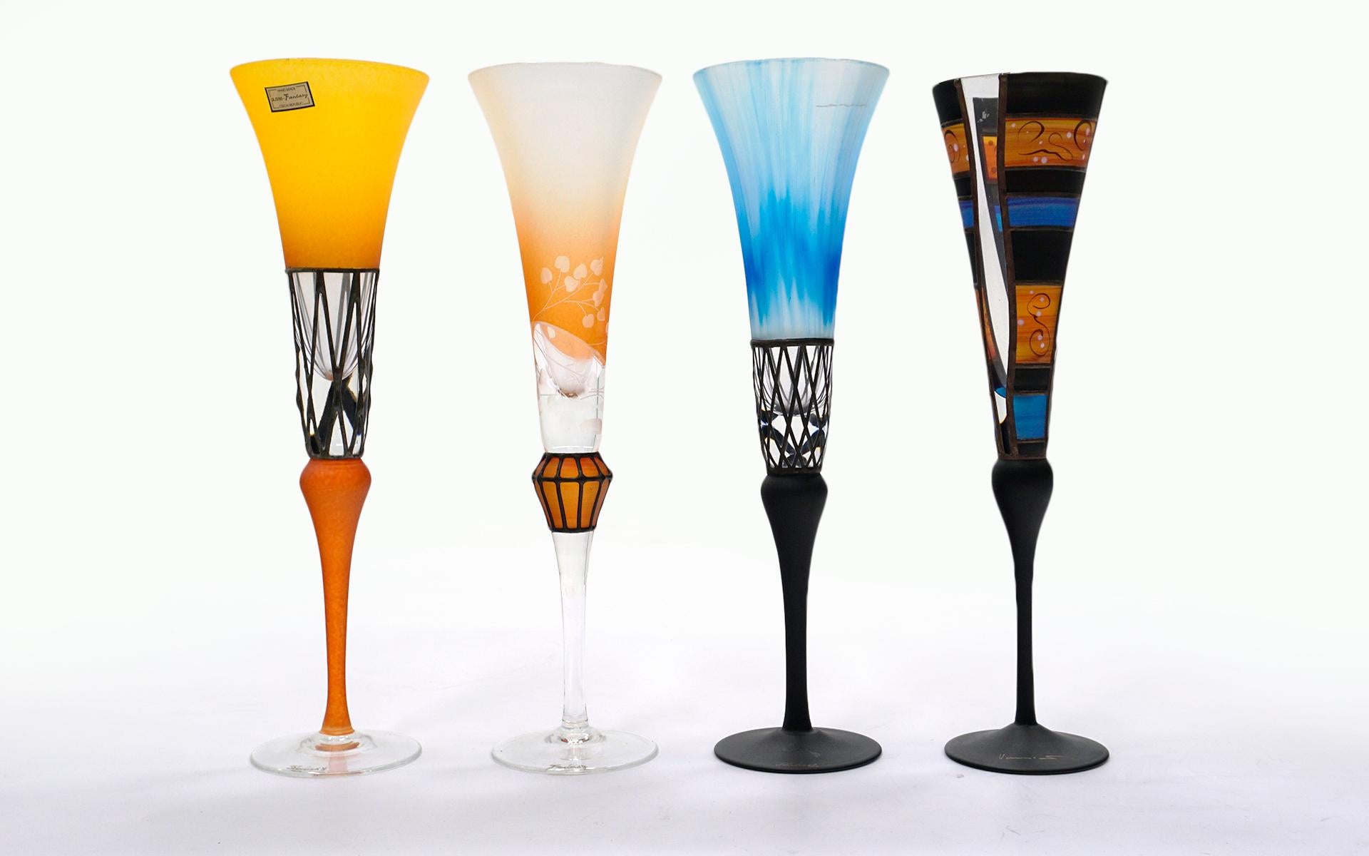 Modern Four Colorful Glass Champagne Flutes, Czech Republic, Mint Conditon