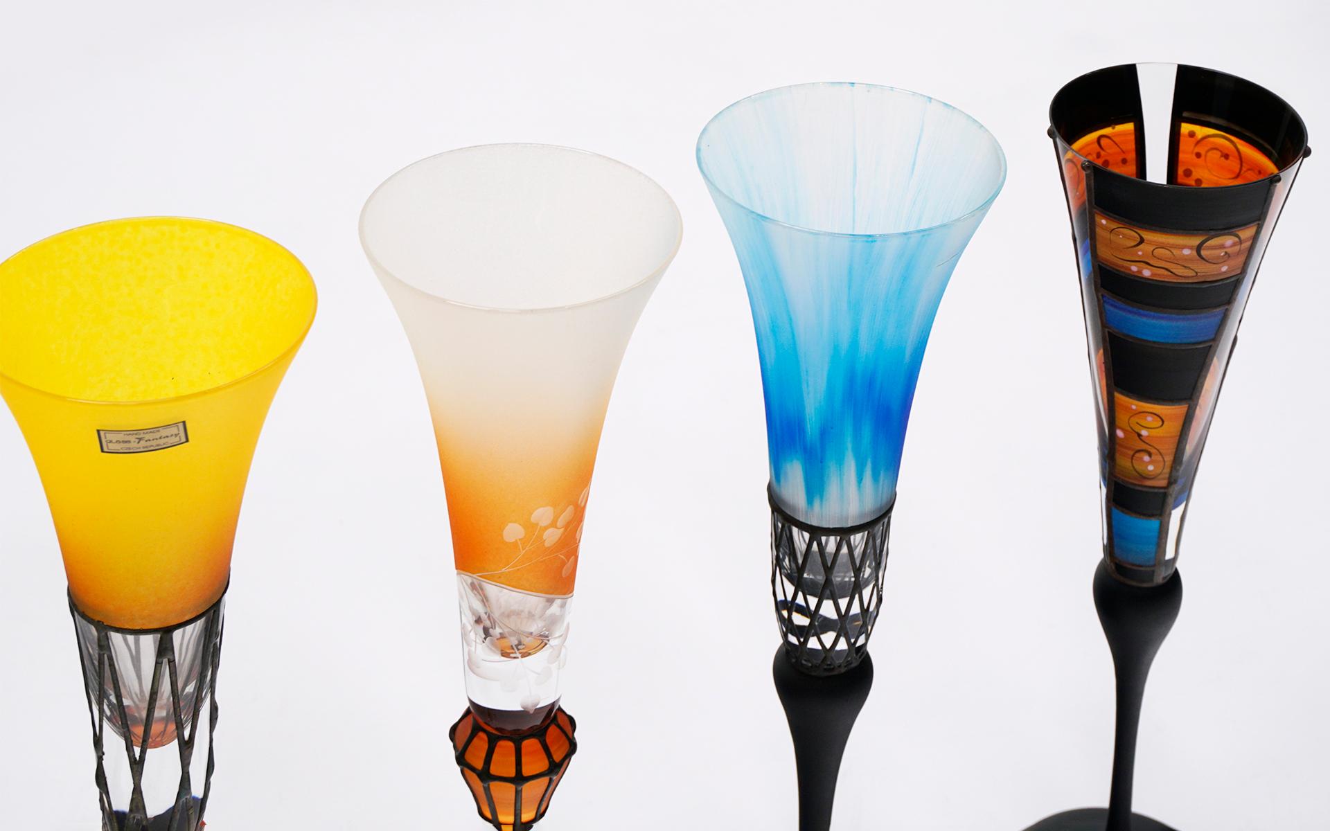 Four Colorful Glass Champagne Flutes, Czech Republic, Mint Conditon In Excellent Condition In Kansas City, MO