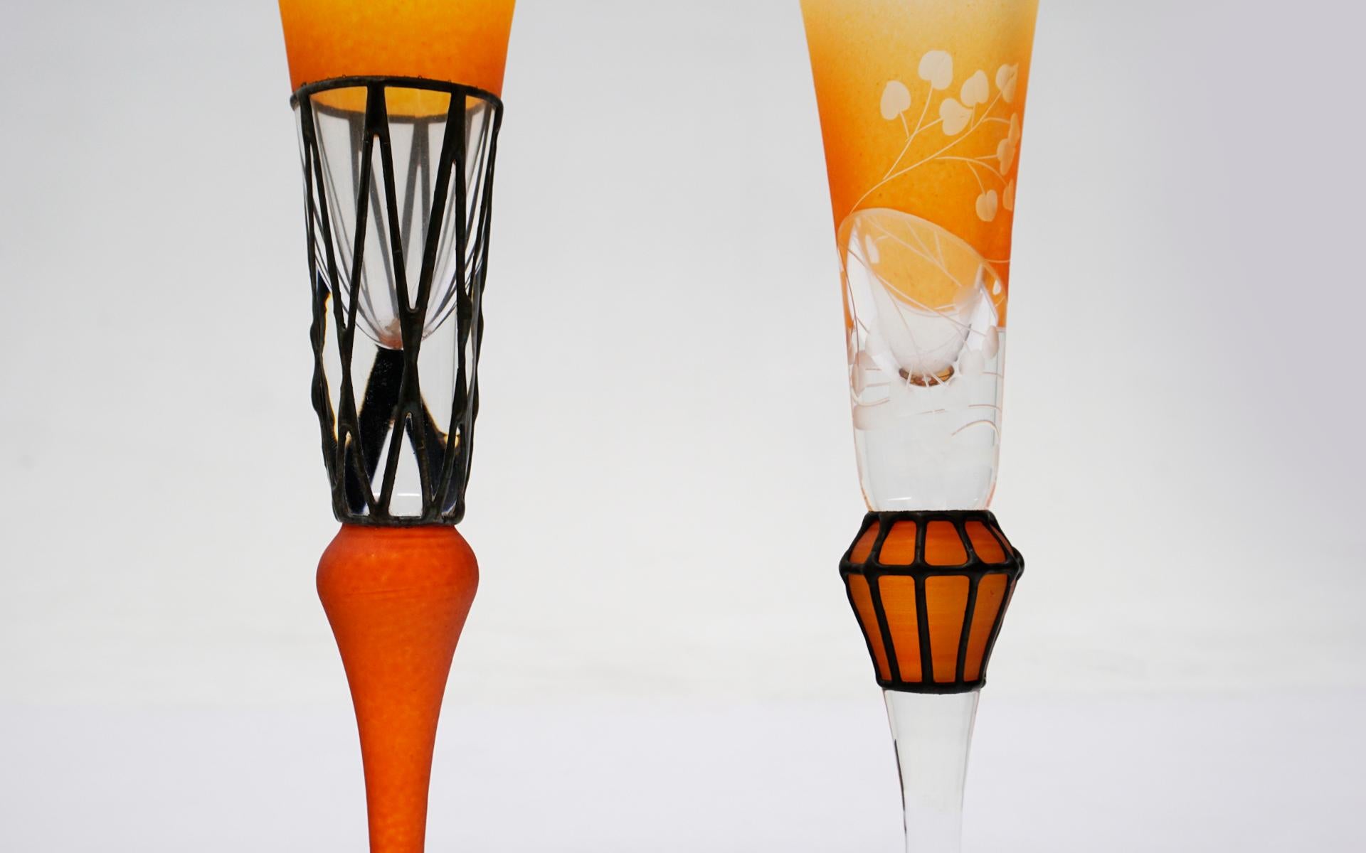 Late 20th Century Four Colorful Glass Champagne Flutes, Czech Republic, Mint Conditon