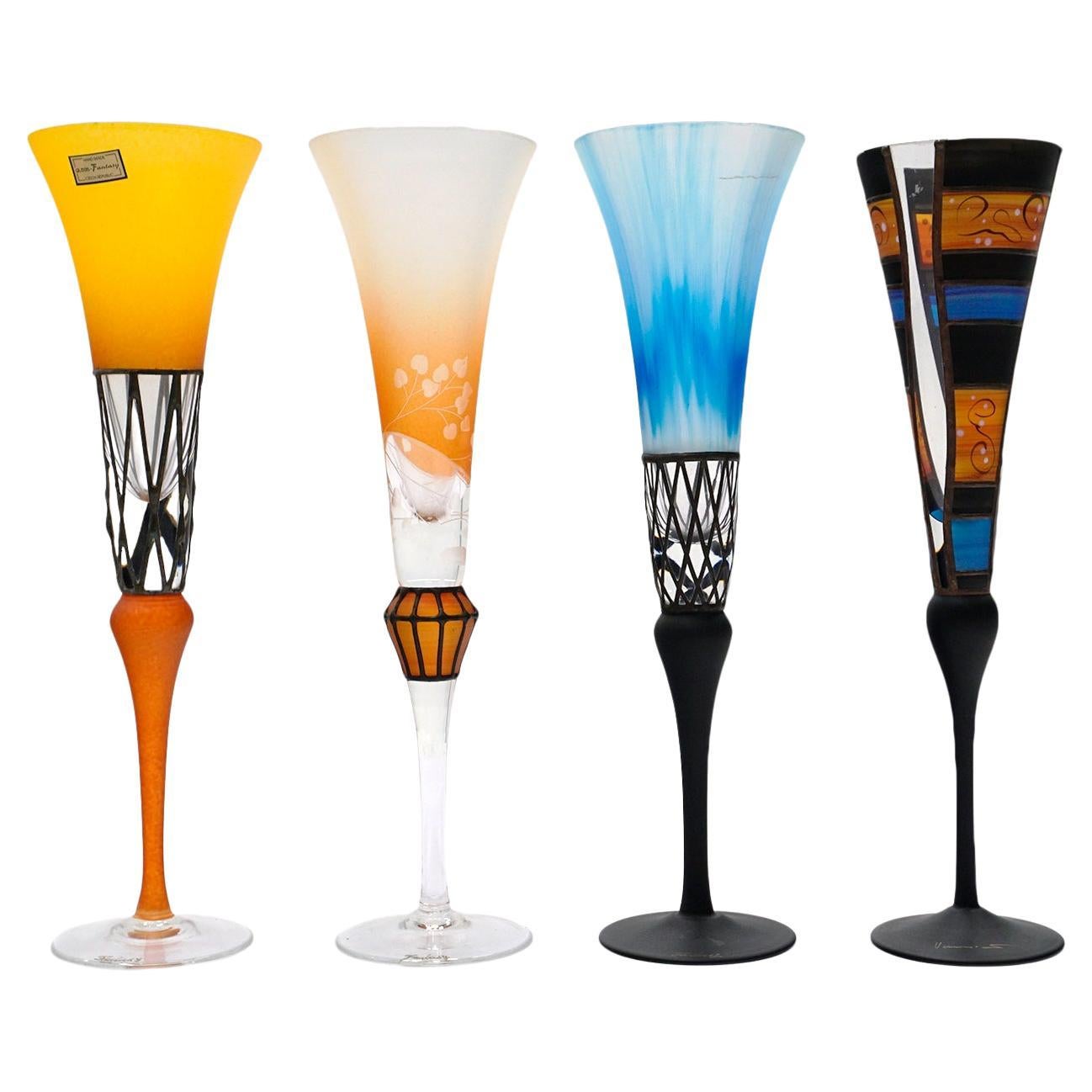 Four Colorful Glass Champagne Flutes, Czech Republic, Mint Conditon