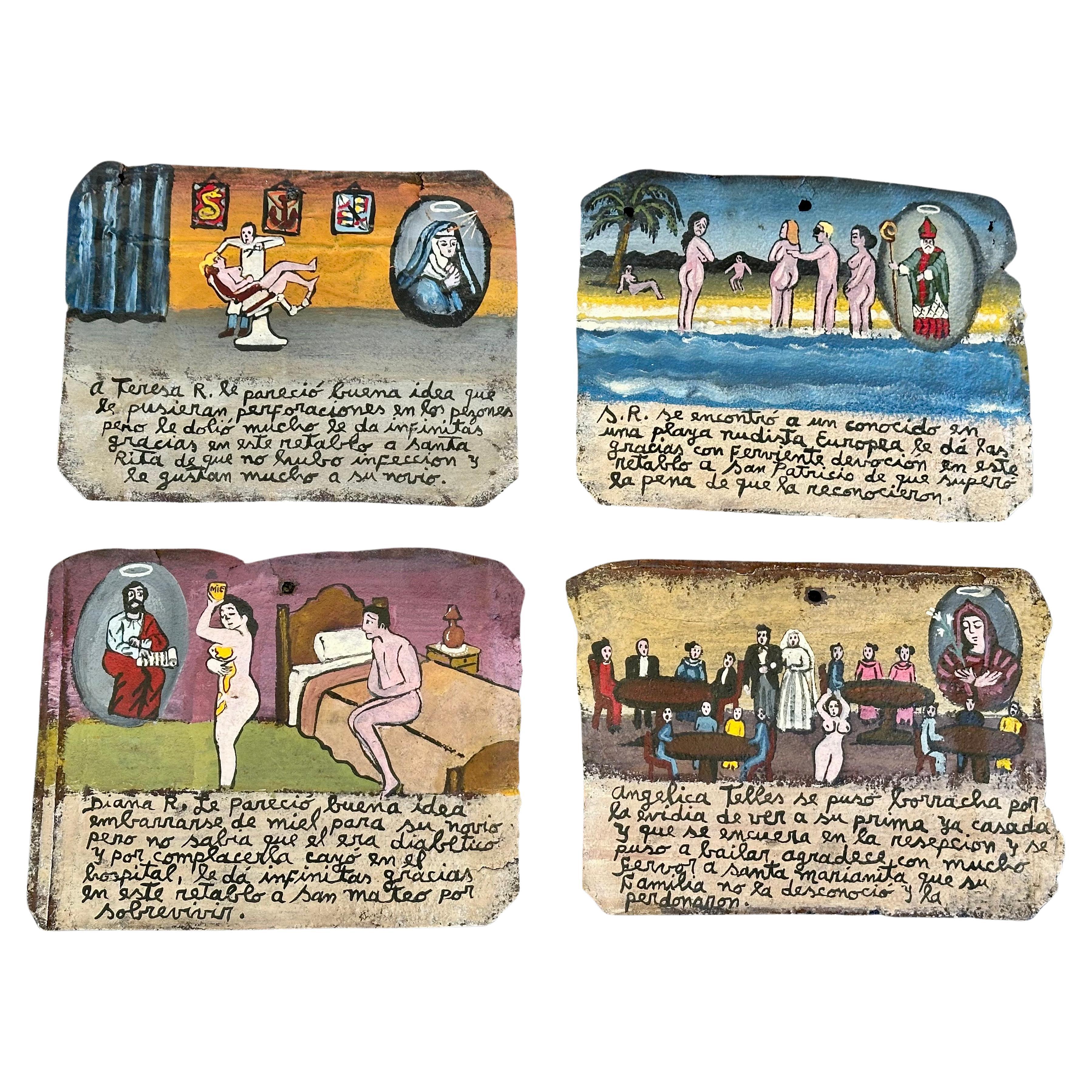 Four Contemporary Mexican "Racy" Ex-Voto Retablos Attributed to Alfredo Vilchis