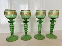 Four Continental Engraved Gilt Green Glass Roemers, Glasses, c.1900