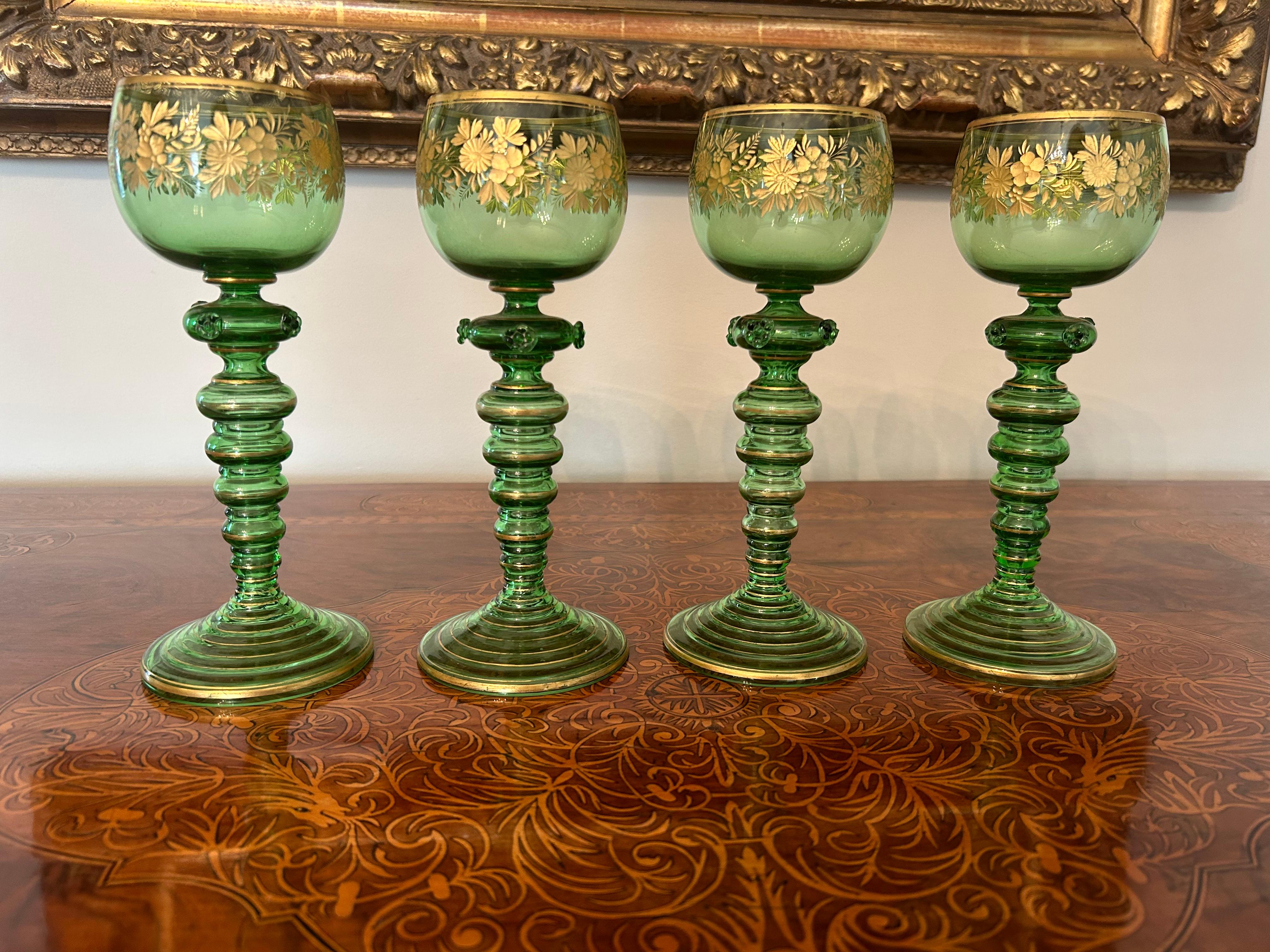 Romantic Four Continental Engraved Gilt Green Glass Roemers, Glasses, c.1900 For Sale