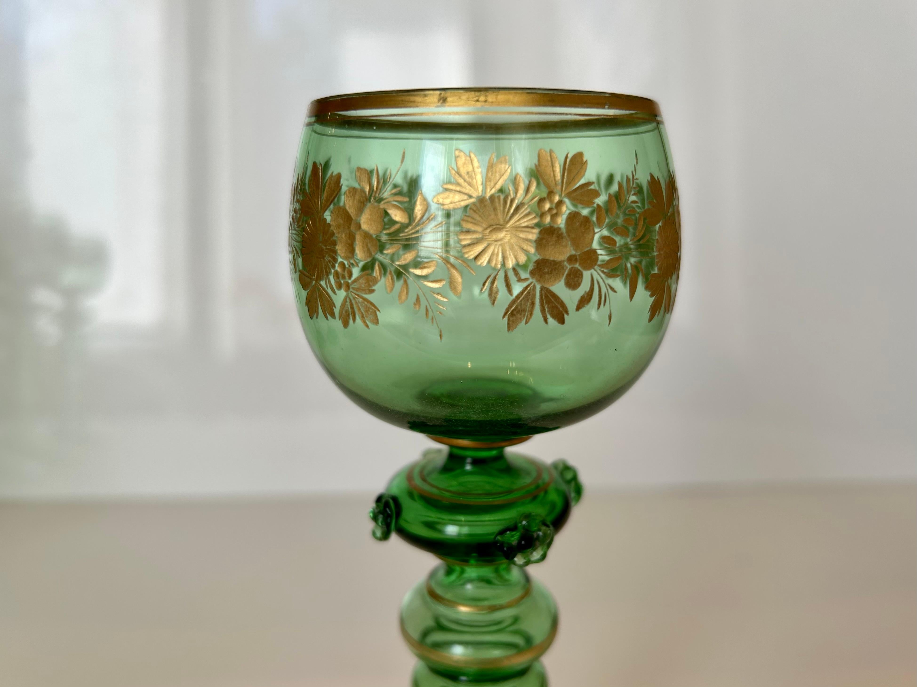 Dutch Four Continental Engraved Gilt Green Glass Roemers, Glasses, c.1900 For Sale