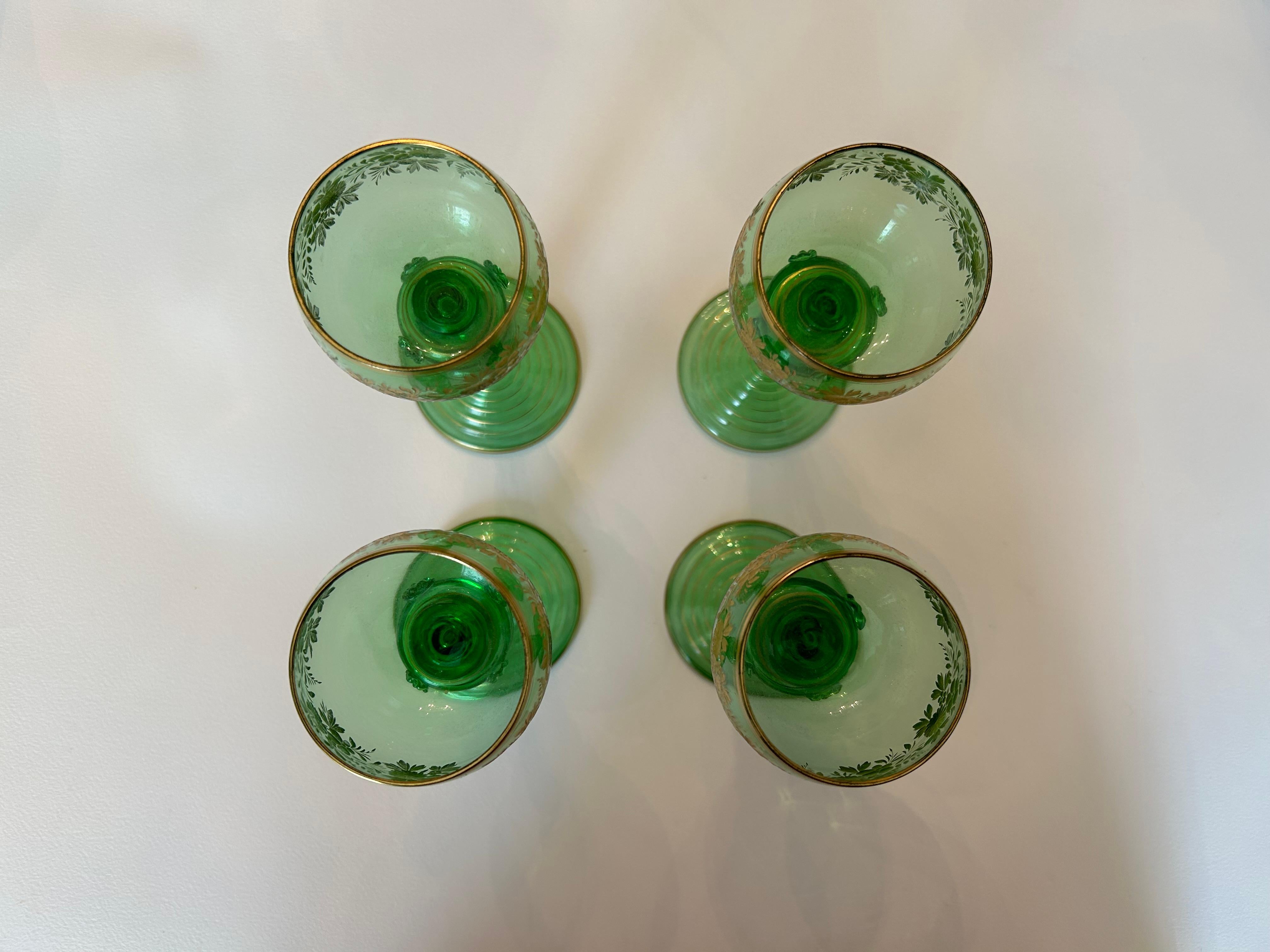 20th Century Four Continental Engraved Gilt Green Glass Roemers, Glasses, c.1900 For Sale