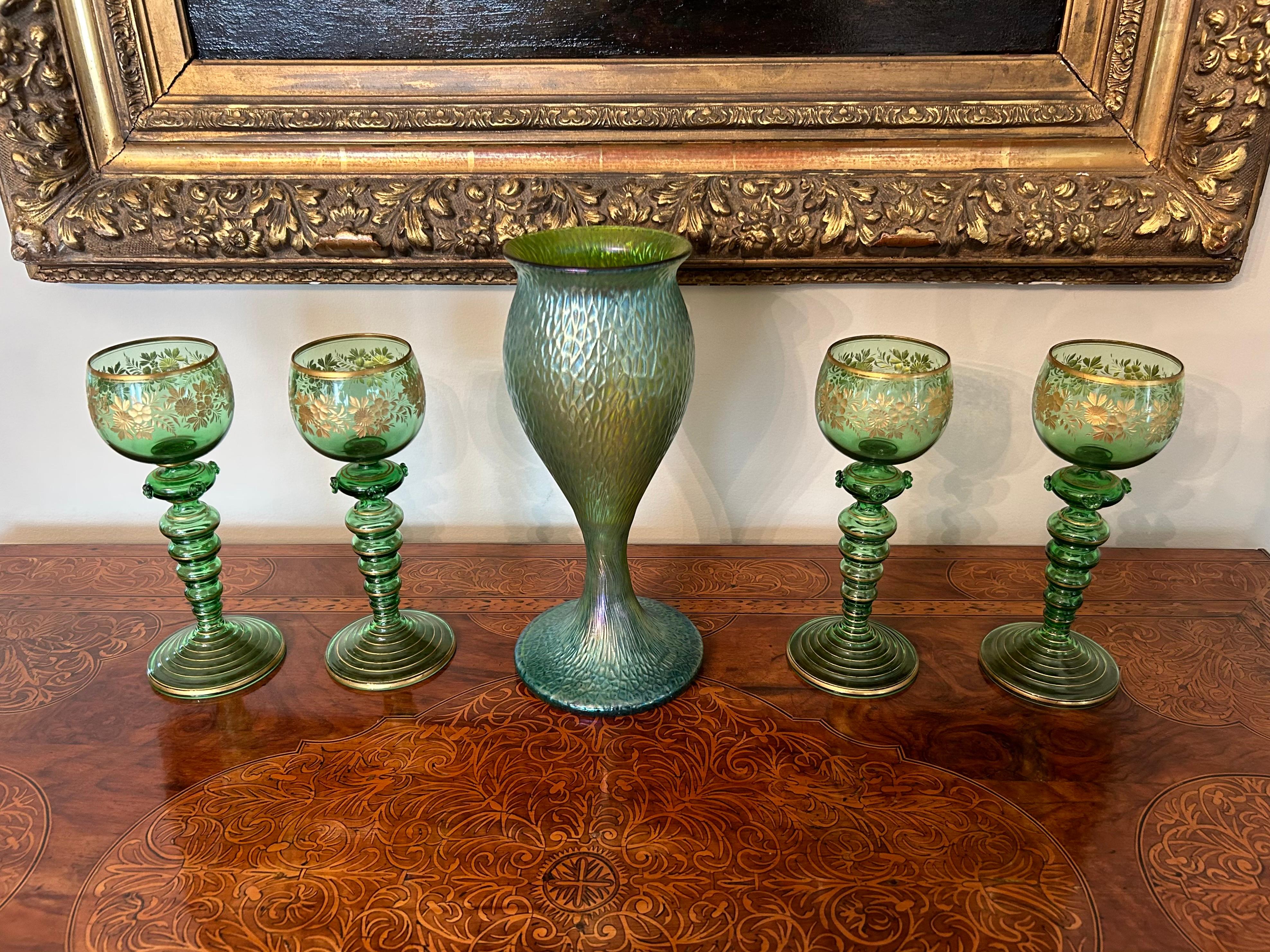Four Continental Engraved Gilt Green Glass Roemers, Glasses, c.1900 For Sale 2