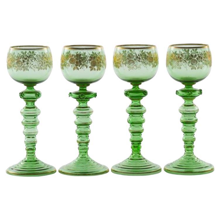 Four Continental Engraved Gilt Green Glass Roemers, Glasses, c.1900 For Sale