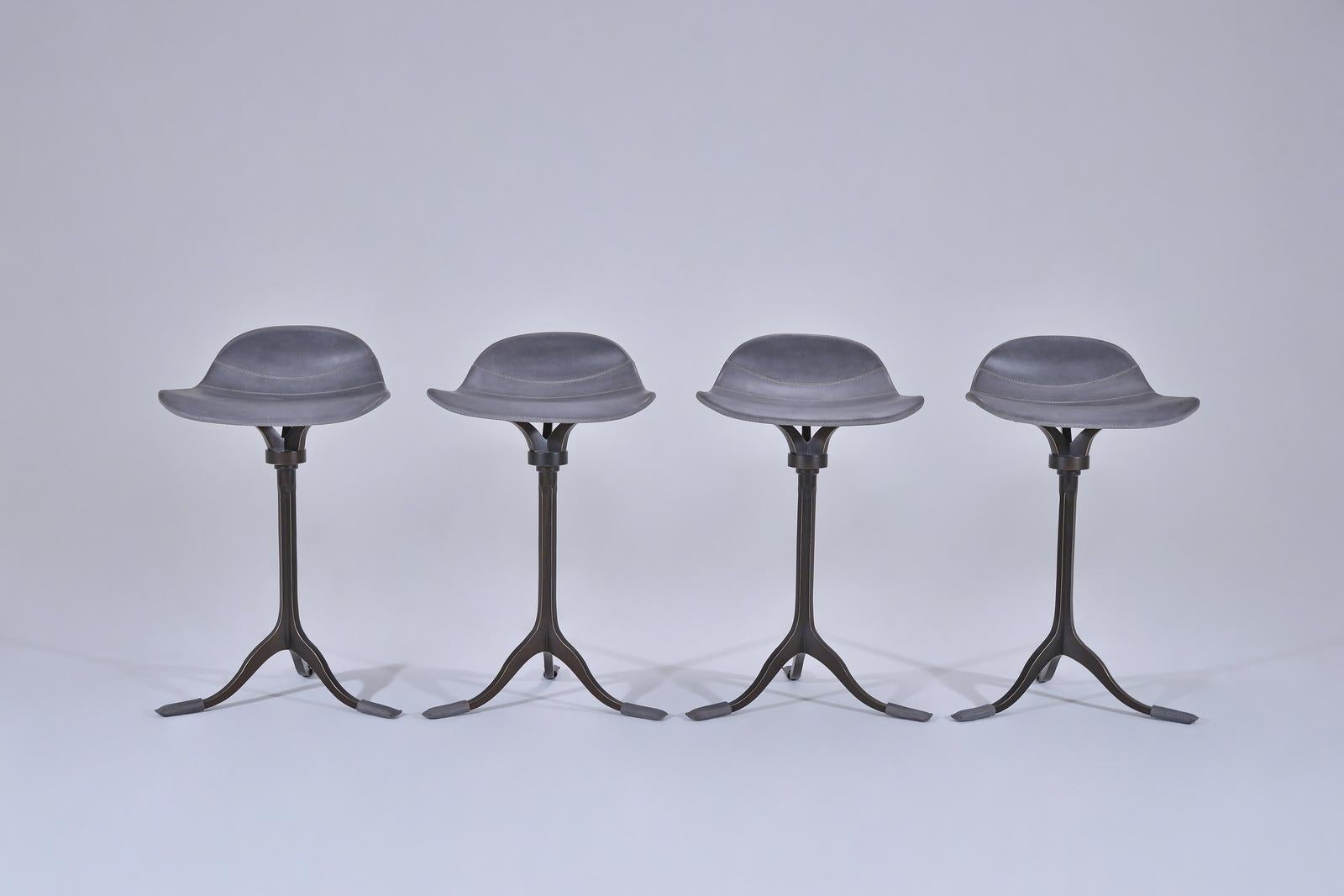 Cast Four Counter-Height Swivel Stools, Pigeon Leather, Brown Brass by P. Tendercool For Sale