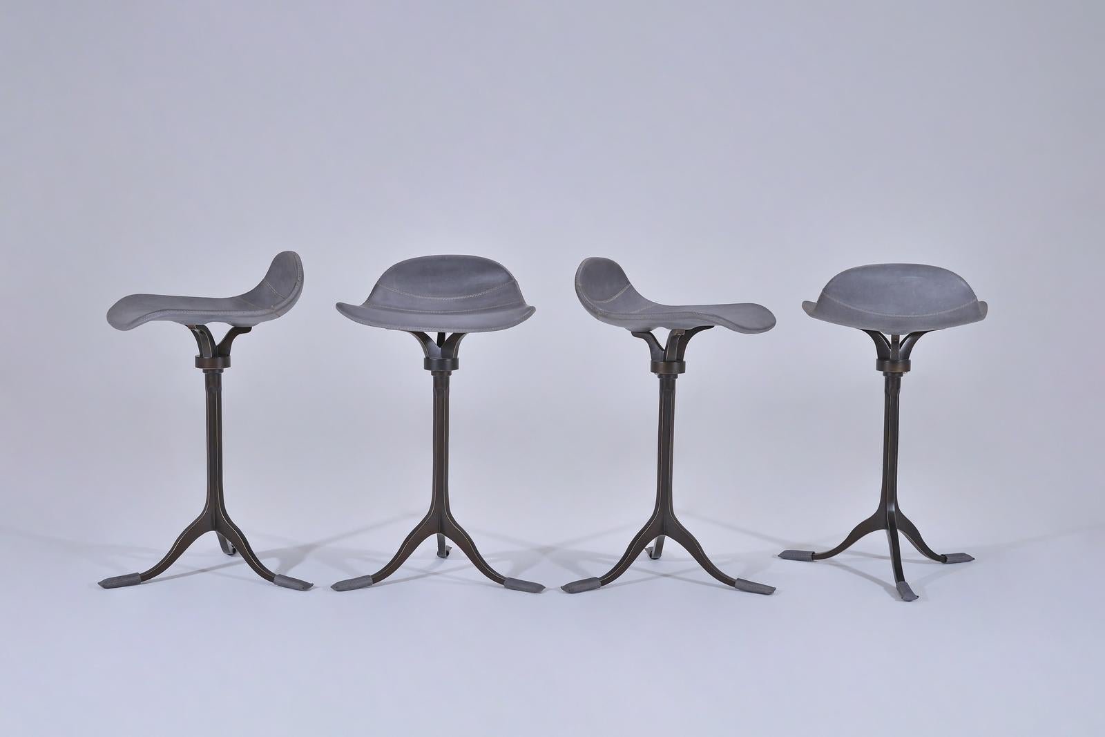 Four Counter-Height Swivel Stools, Pigeon Leather, Brown Brass by P. Tendercool In New Condition For Sale In Bangkok, TH