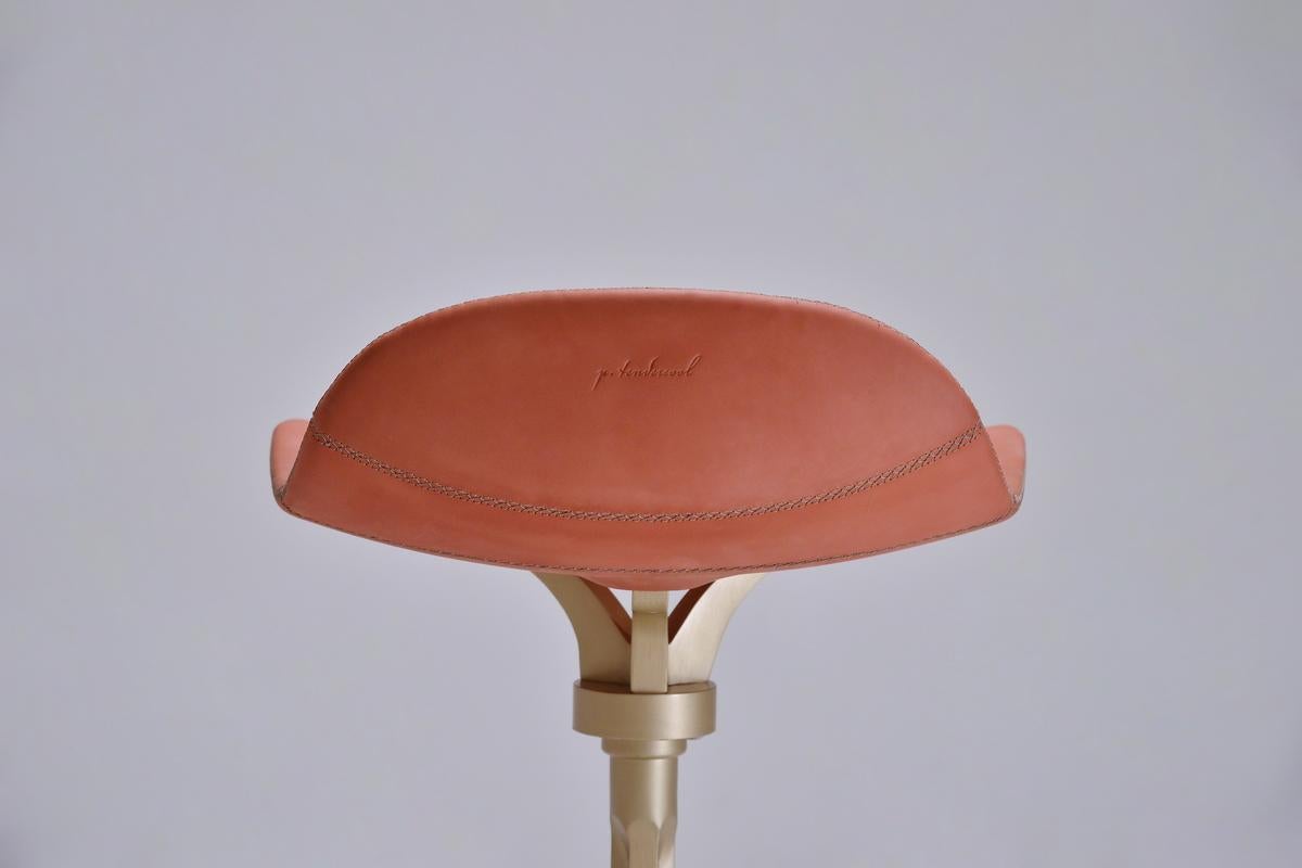 Four Counter-Height Swivel Stools, Leather, Brass by P. Tendercool In New Condition For Sale In Bangkok, TH