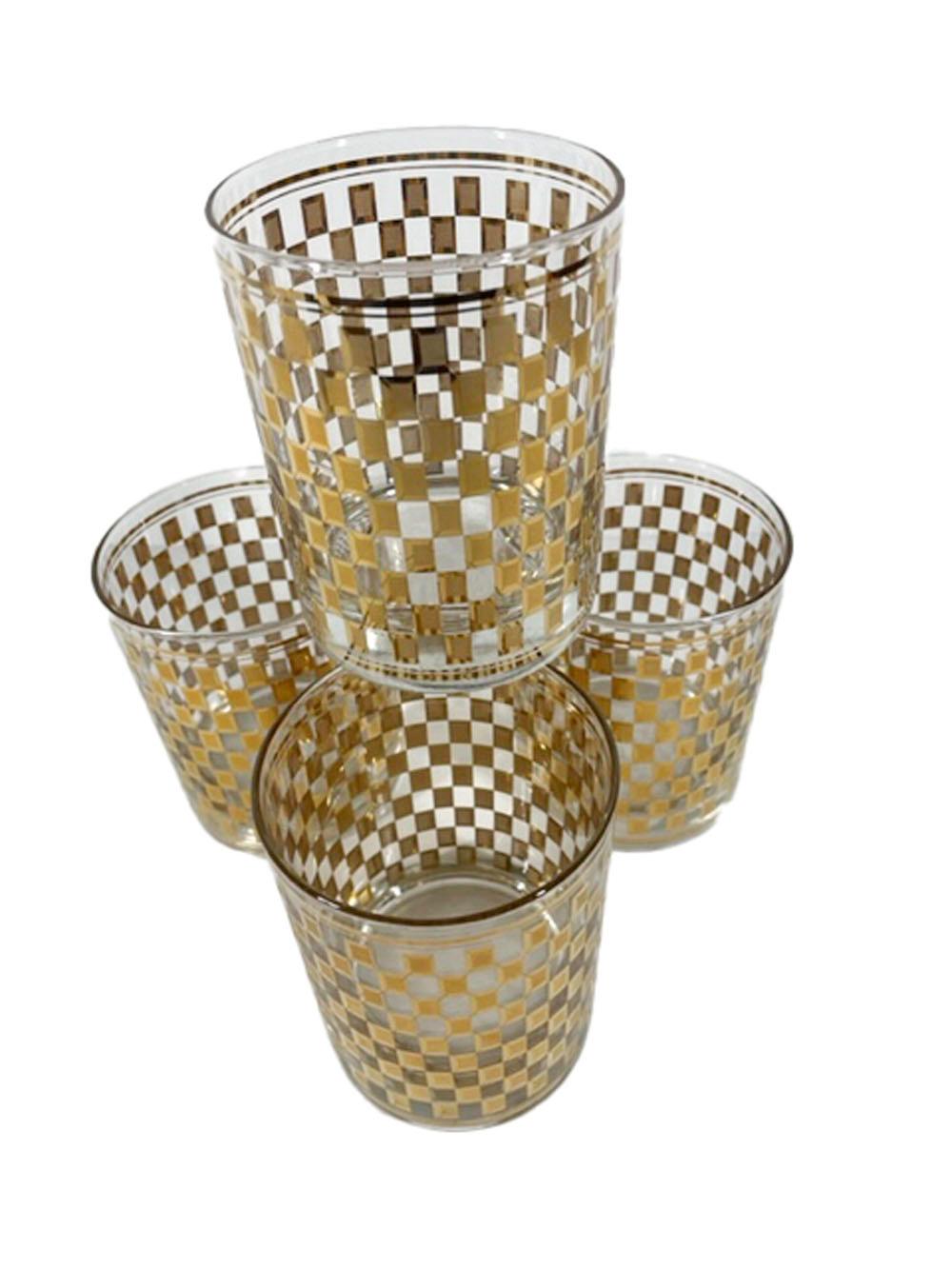 Mid-Century Modern Quatre verres à double roche Culver à motif à carreaux dorés bicolores en vente