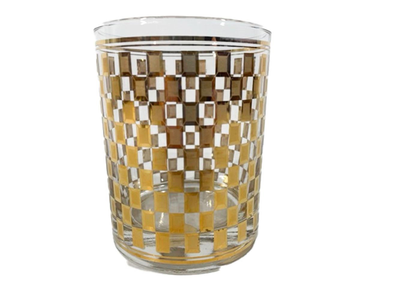 Four Culver Double Rocks Glasses in Two-Tone Gold Check Design In Good Condition For Sale In Nantucket, MA